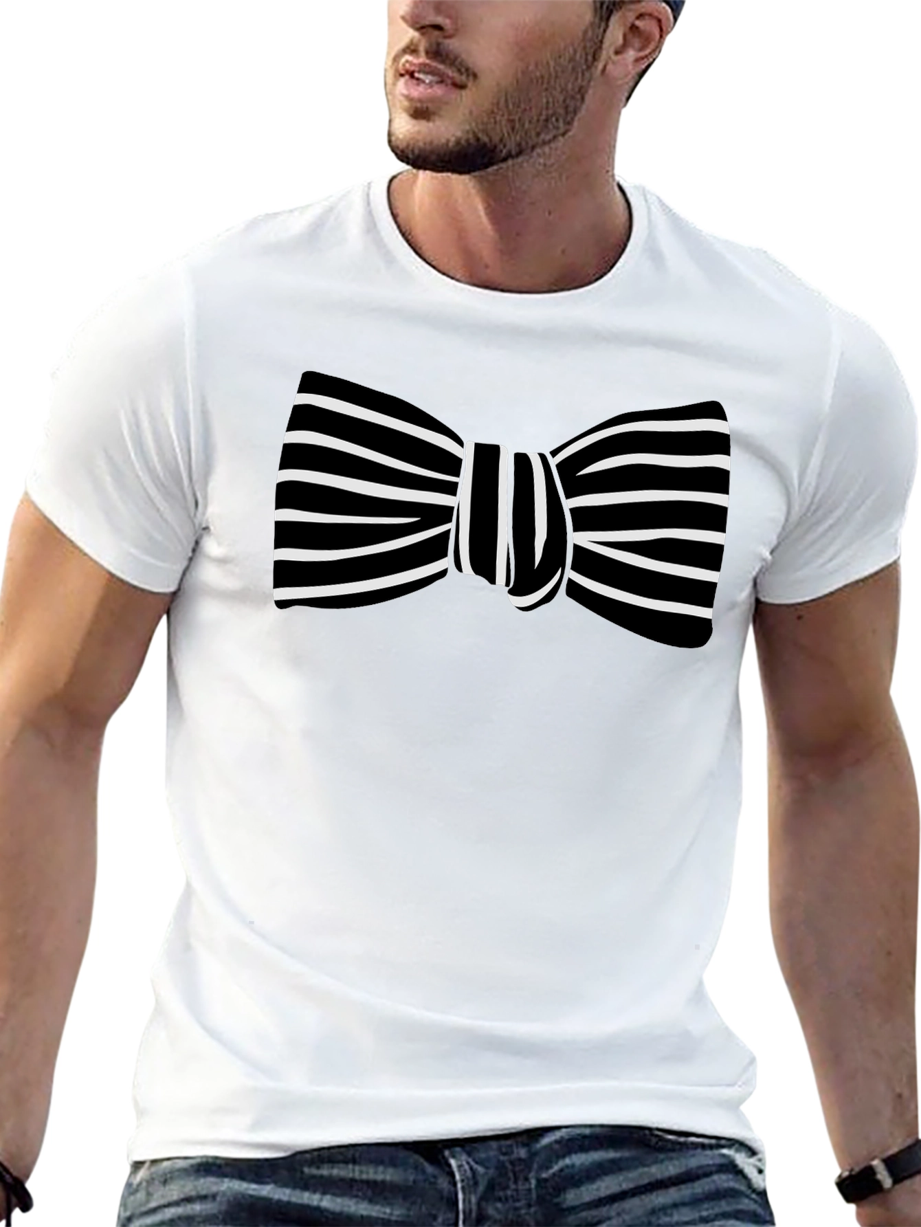 Striped Bow Tie Graphic Black T-Shirt