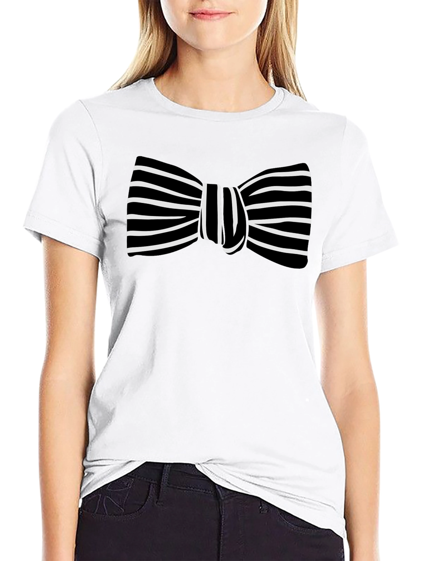 Striped Bow Tie Graphic Black T-Shirt