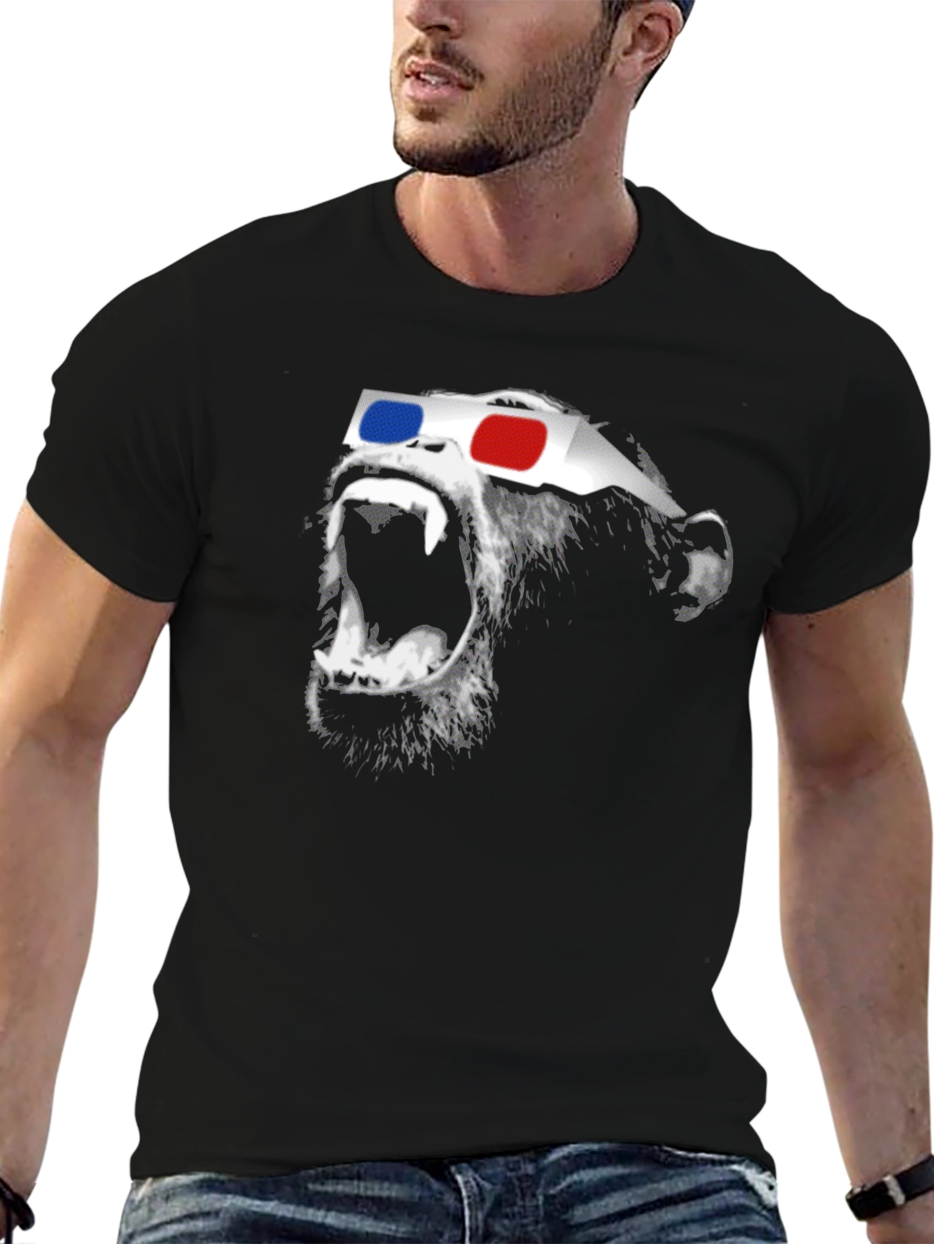 Funny Monkey 3D Glasses Graphic Black T-Shirt