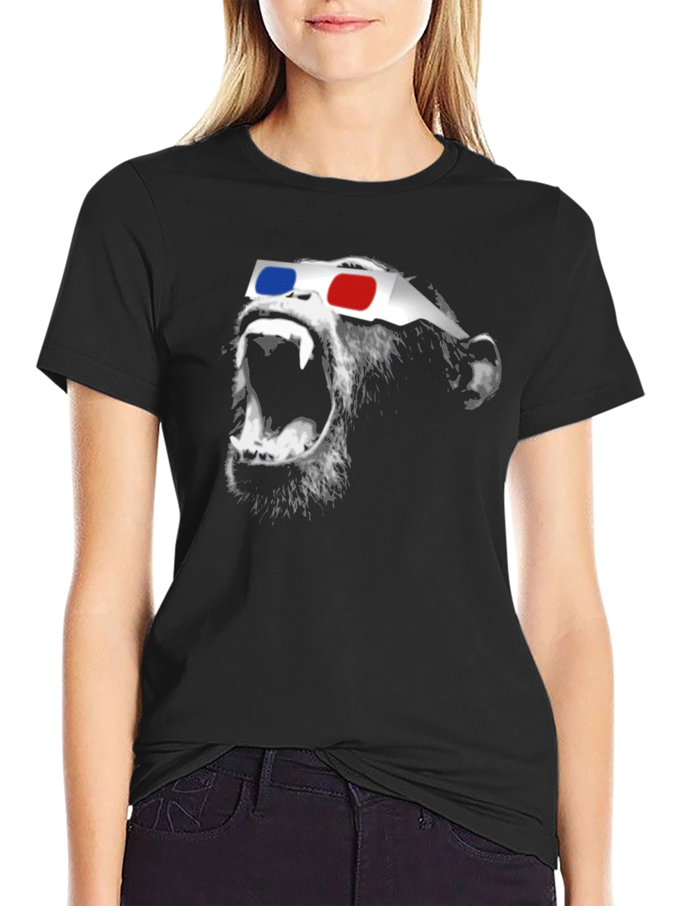 Funny Monkey 3D Glasses Graphic Black T-Shirt