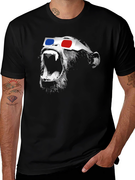Funny Monkey 3D Glasses Graphic Black T-Shirt