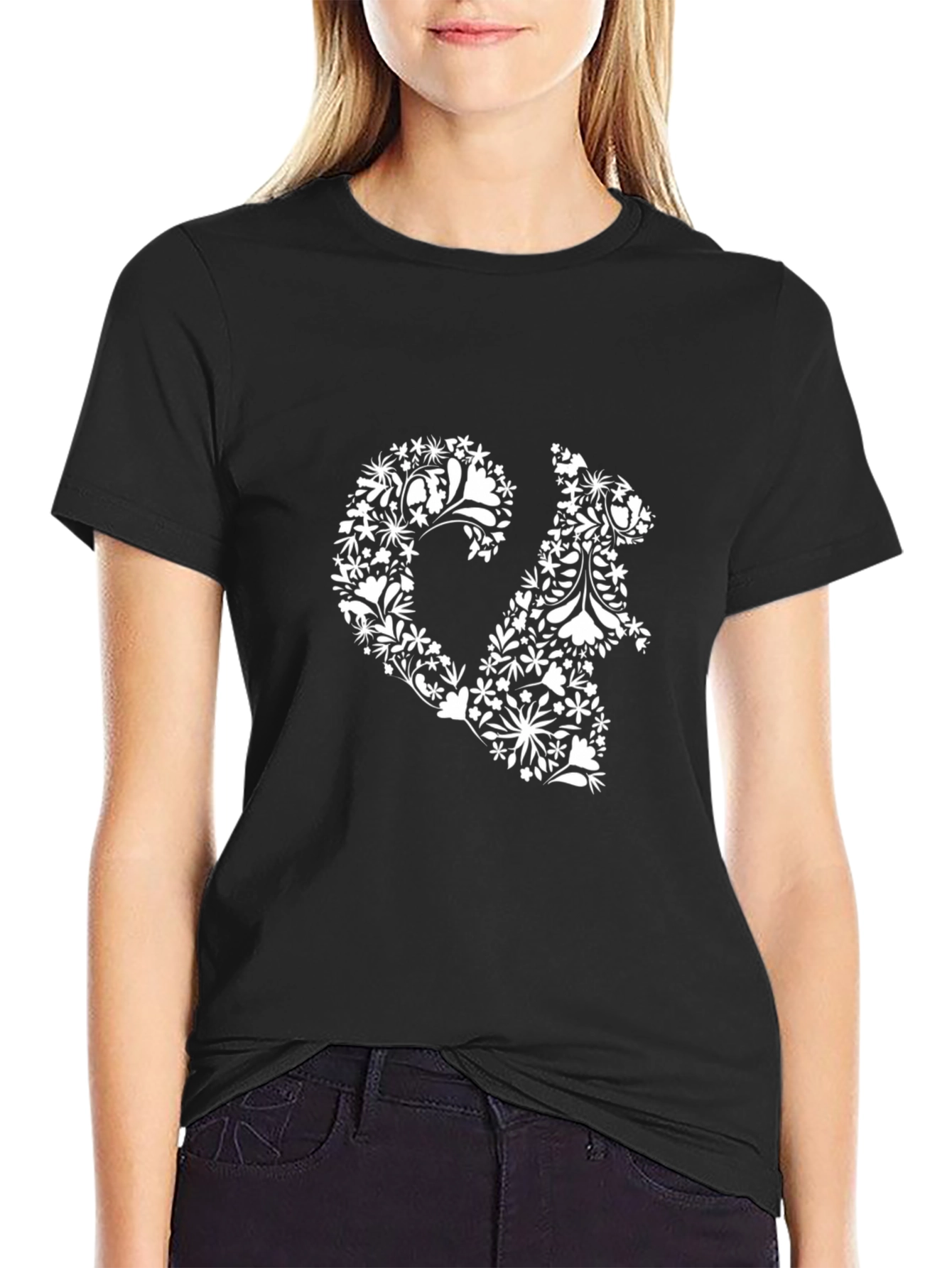 Floral Squirrel Graphic Tee - Black