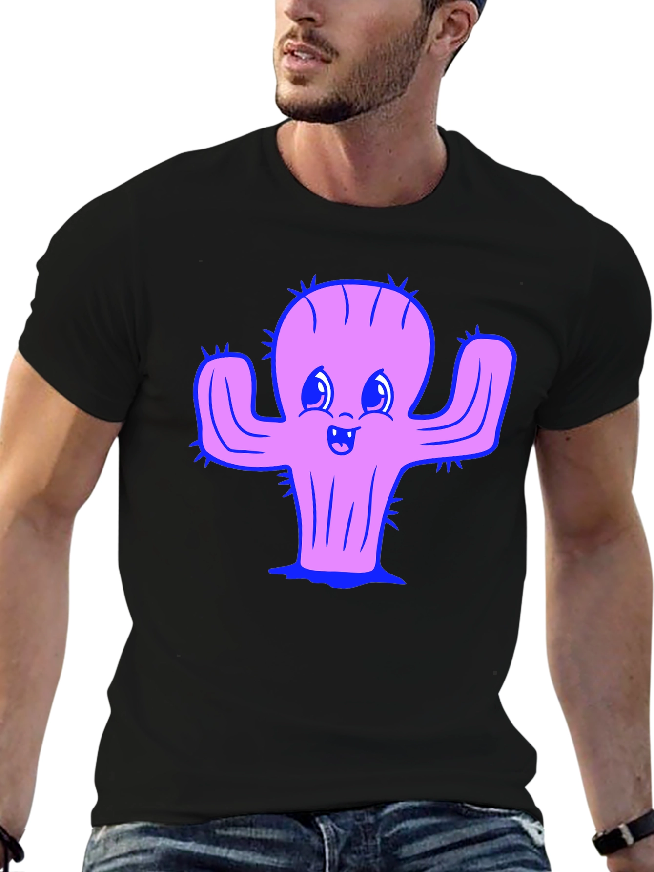 Cute Cactus Graphic Tee - Black Cotton Shirt