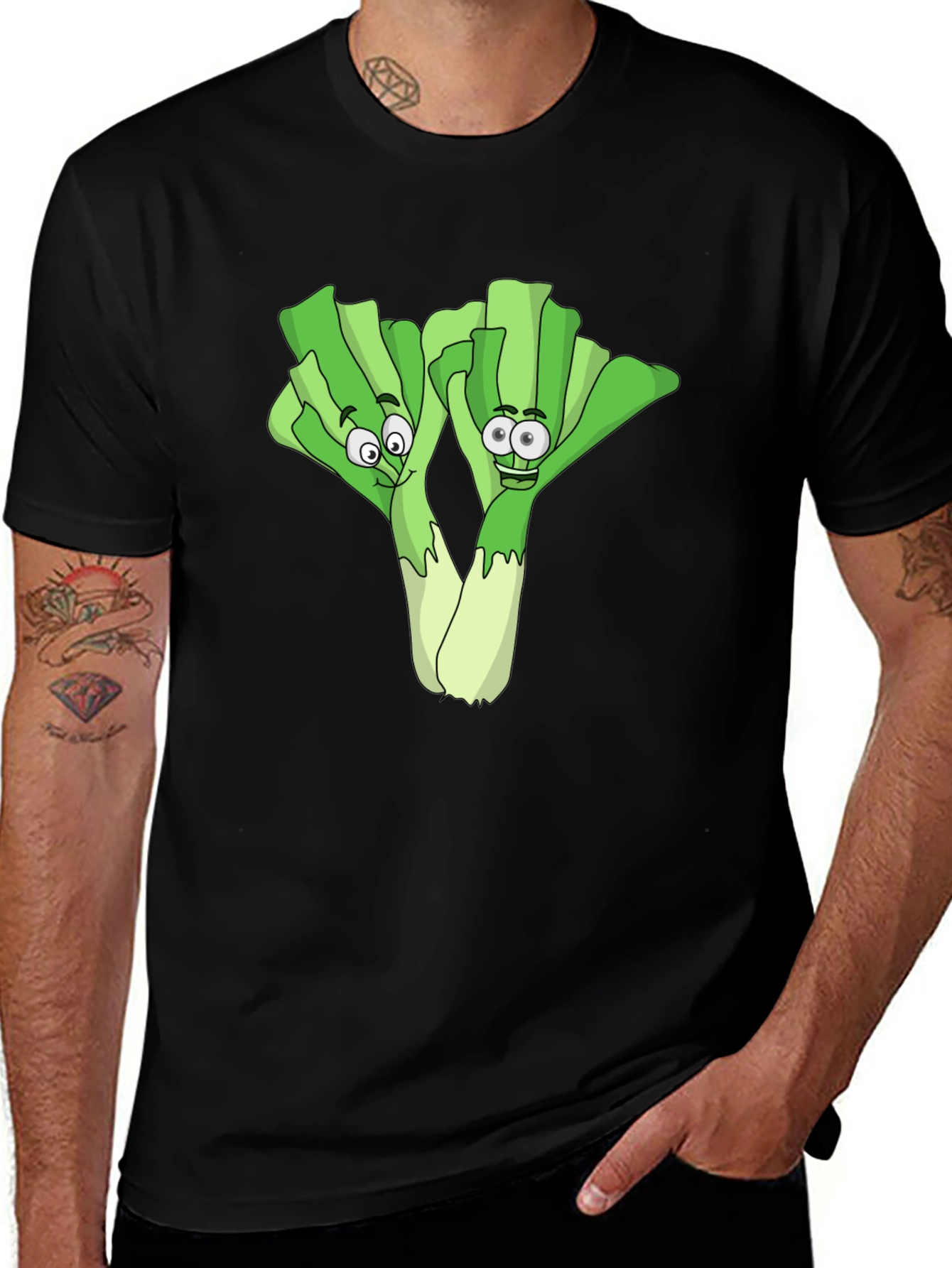 Funny Leek Cartoon Black T-Shirt