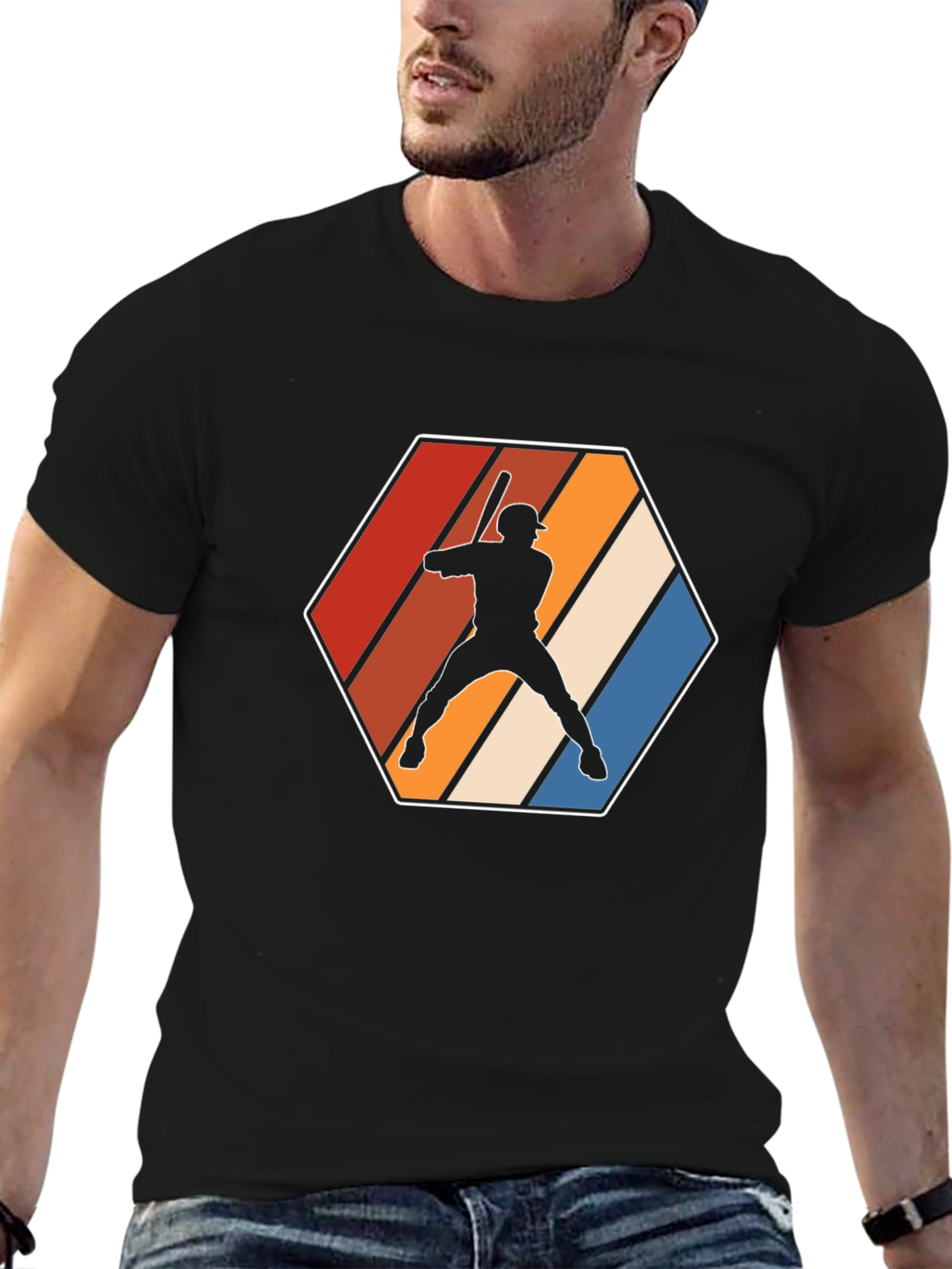 Retro Baseball Player Graphic Tee - Black