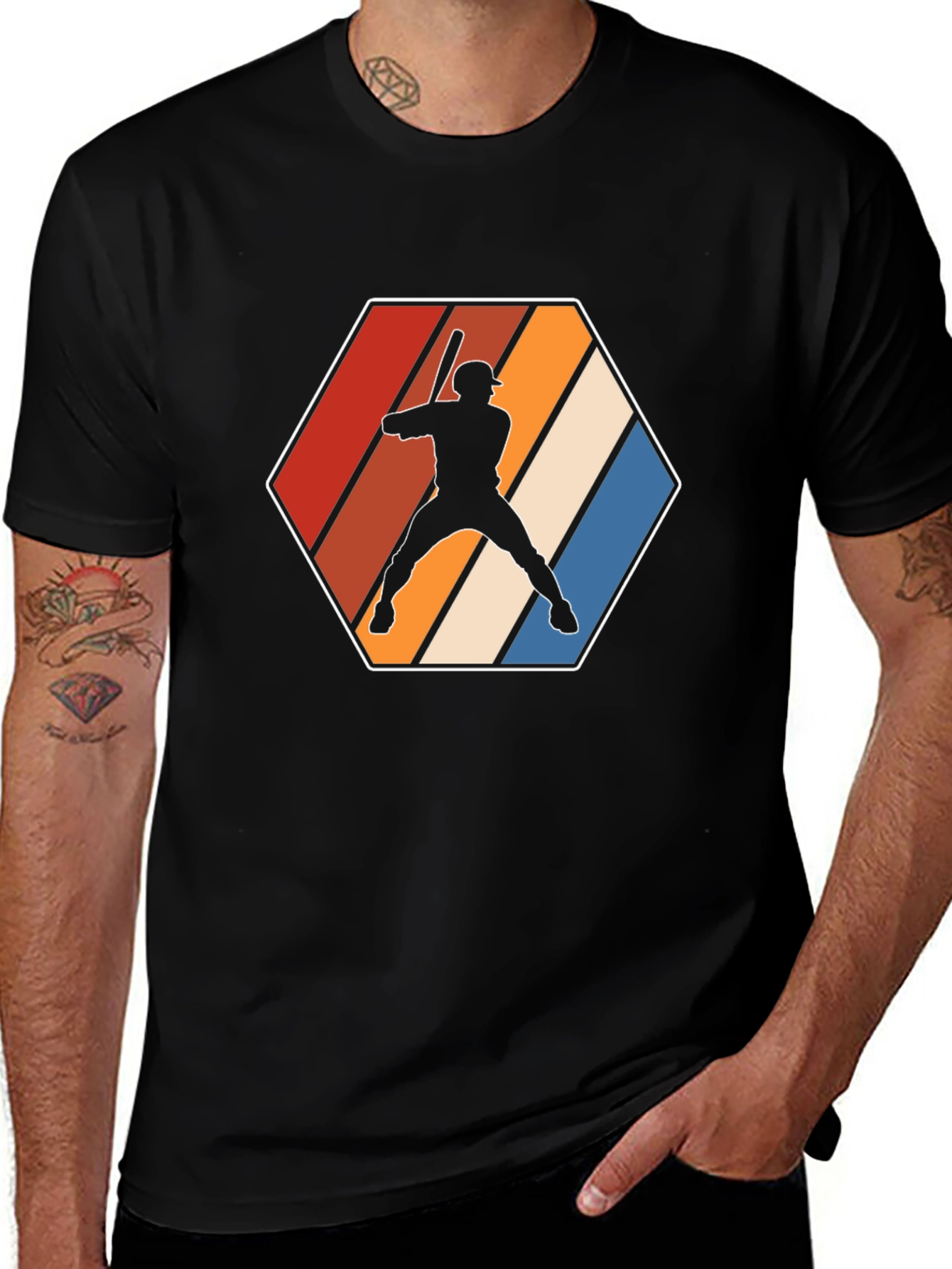 Retro Baseball Player Graphic Tee - Black