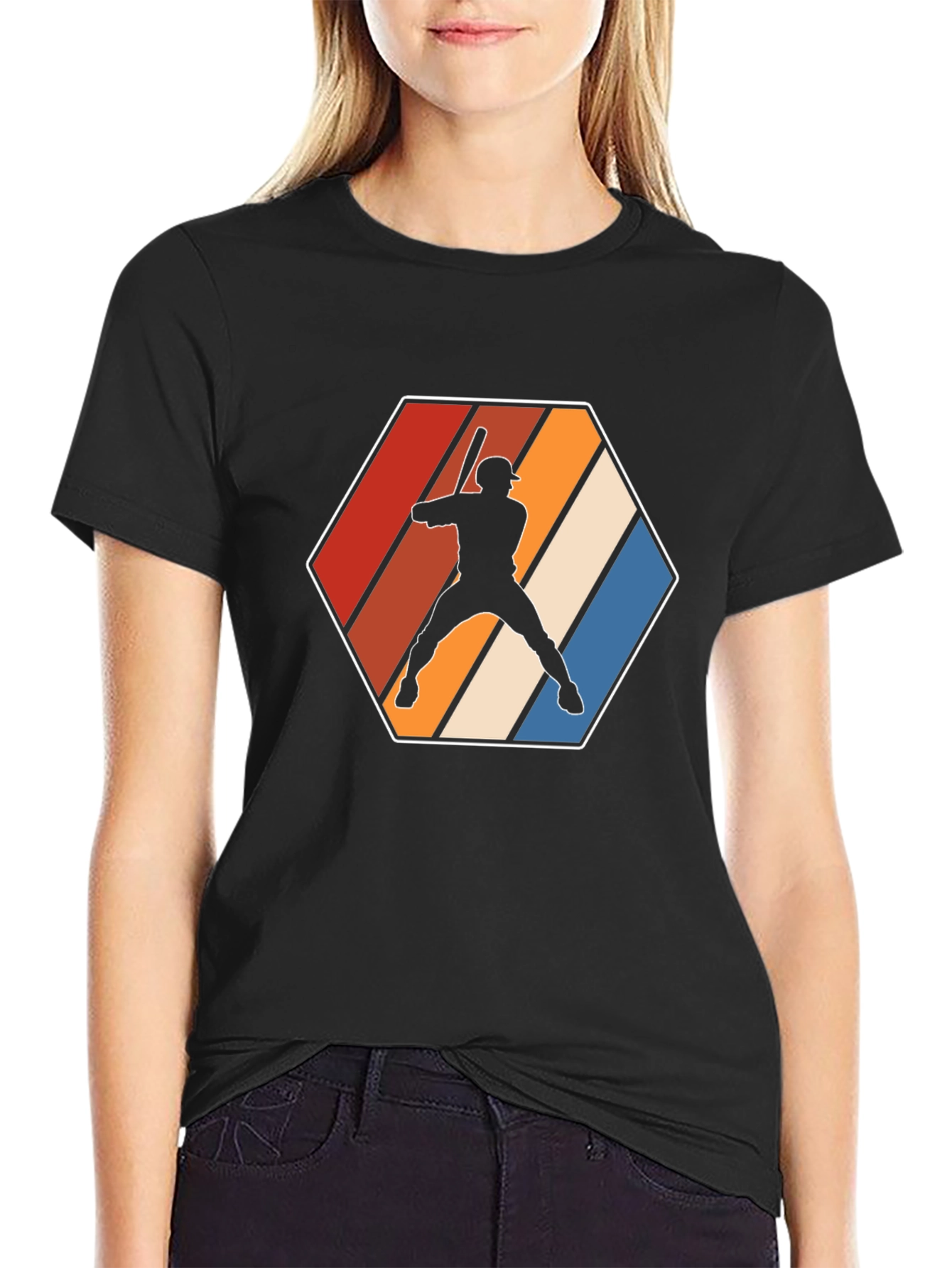 Retro Baseball Player Graphic Tee - Black