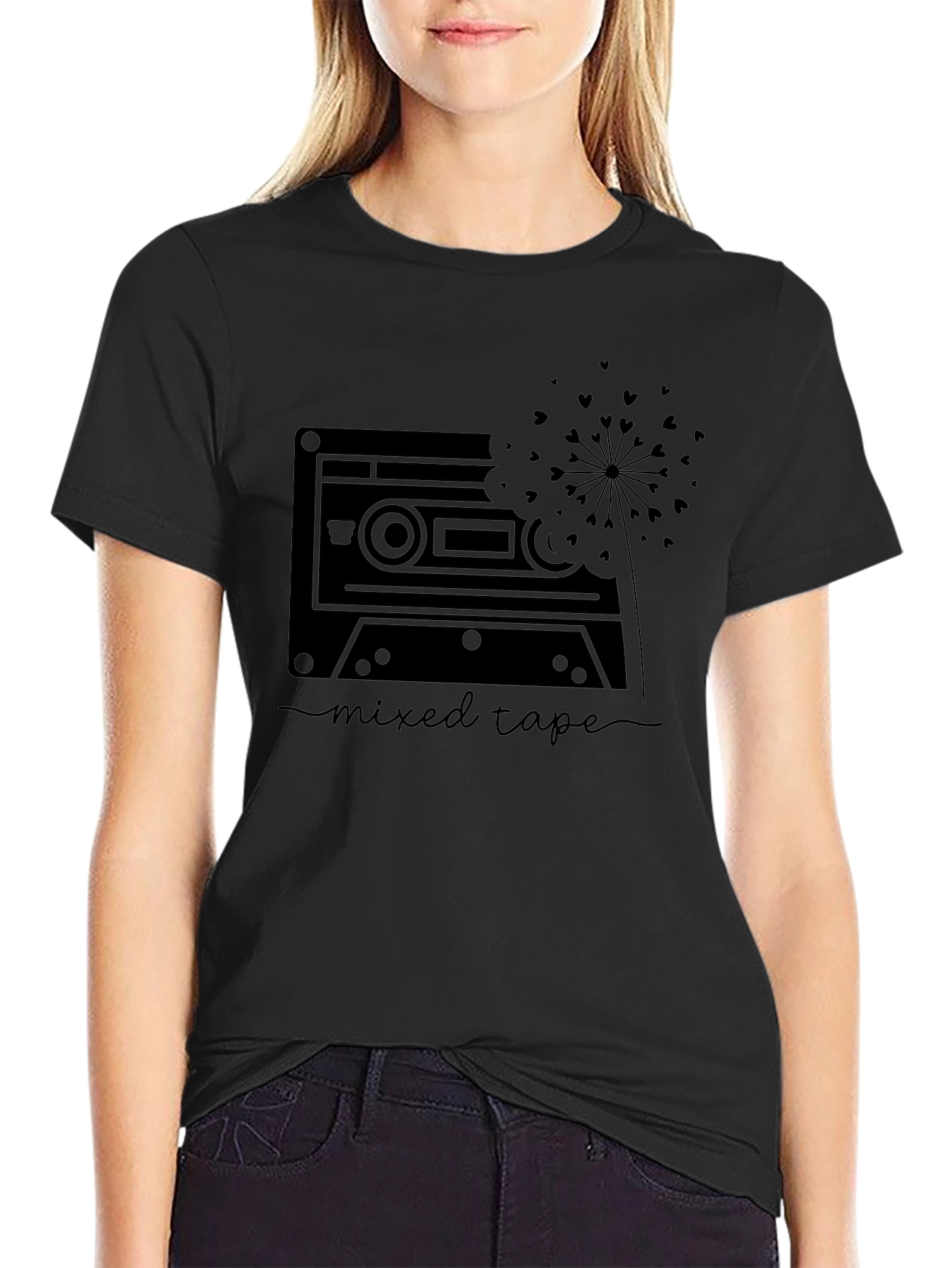 Mixed Tape Heart Dandelion Graphic Tee - Black