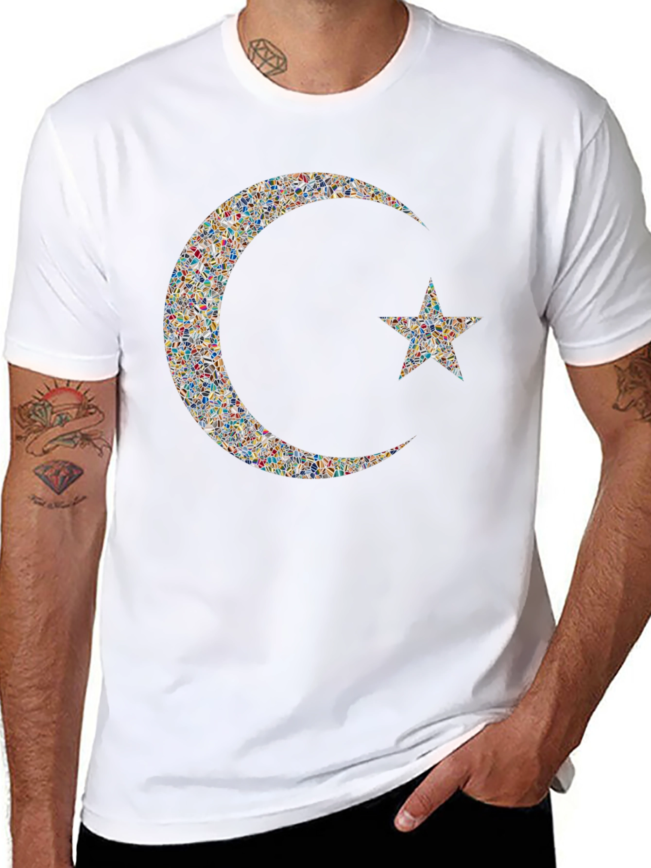 Mosaic Crescent Moon and Star Graphic T-Shirt