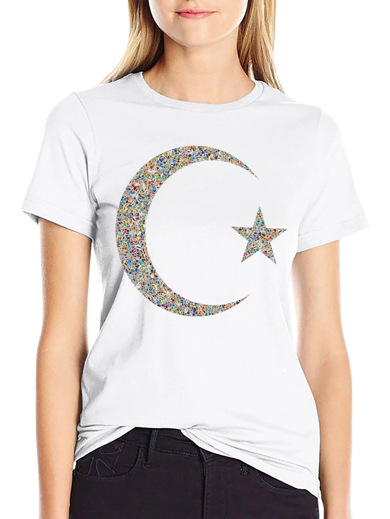 Mosaic Crescent Moon and Star Graphic T-Shirt