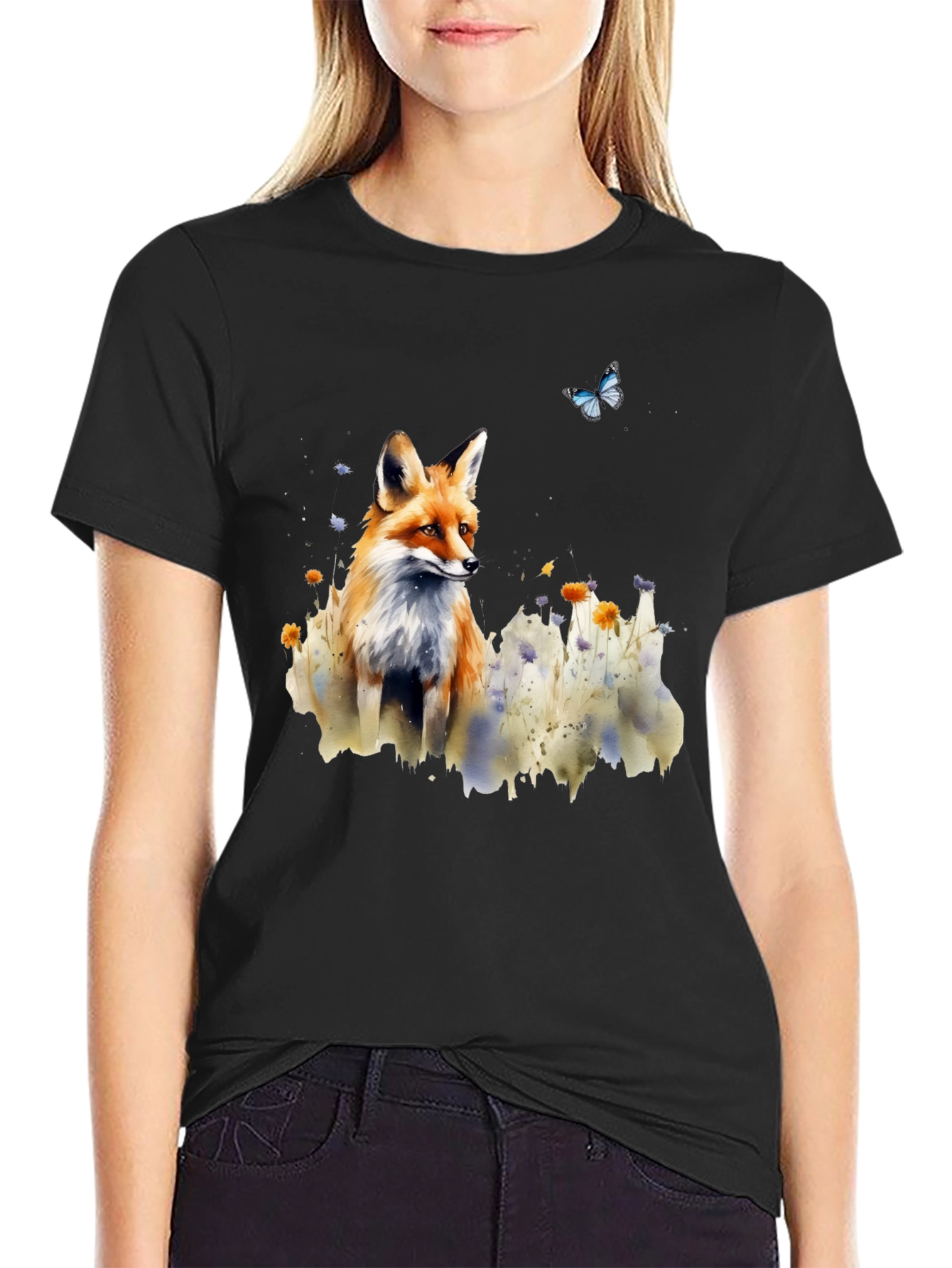 Fox and Butterfly Graphic Print T-Shirt