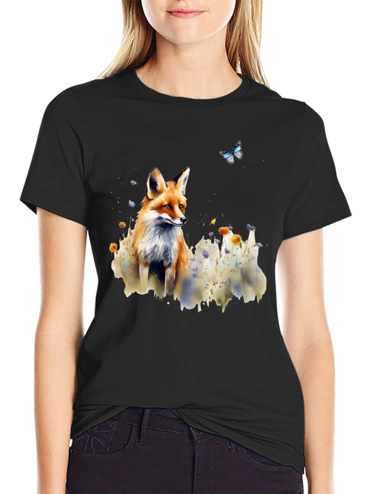 Fox and Butterfly Graphic Print T-Shirt