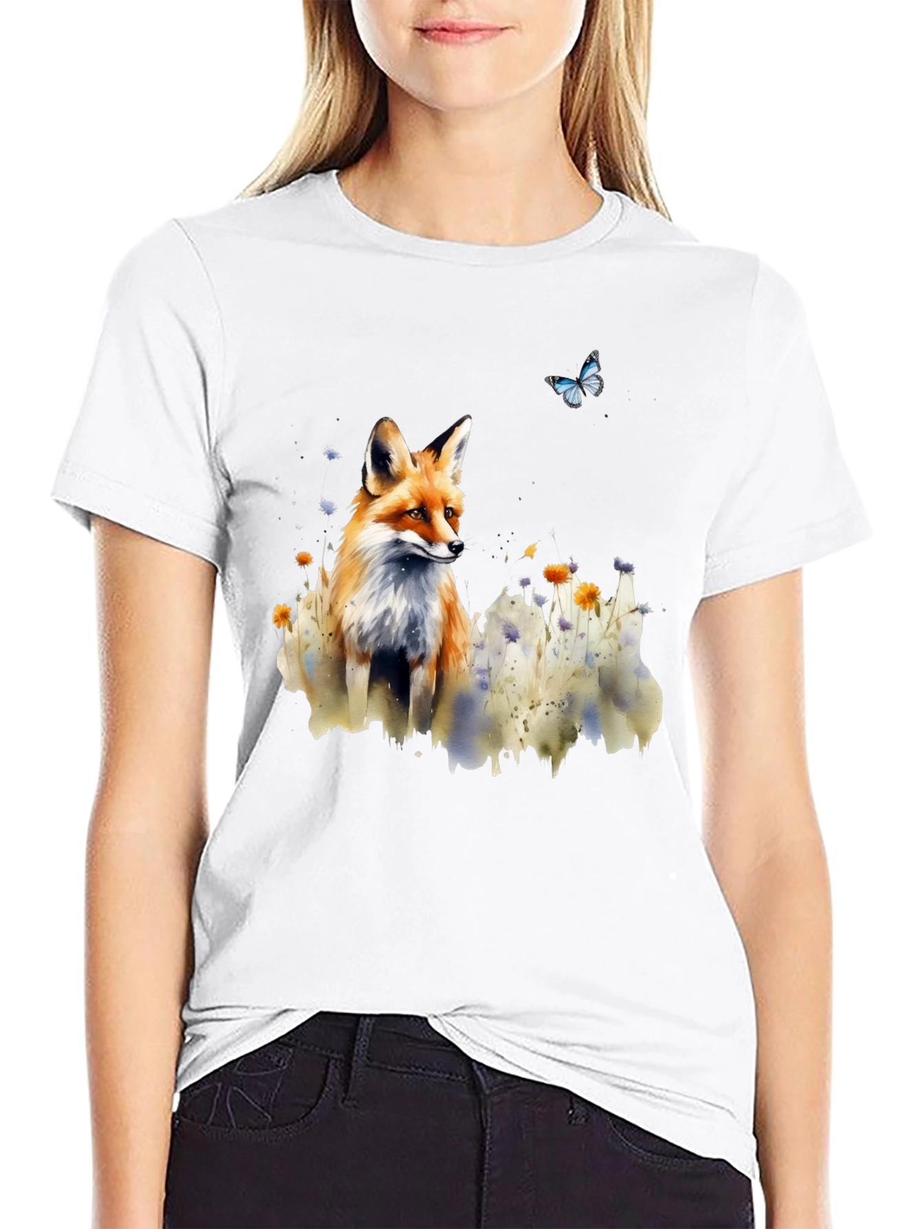Fox and Butterfly Graphic Print T-Shirt