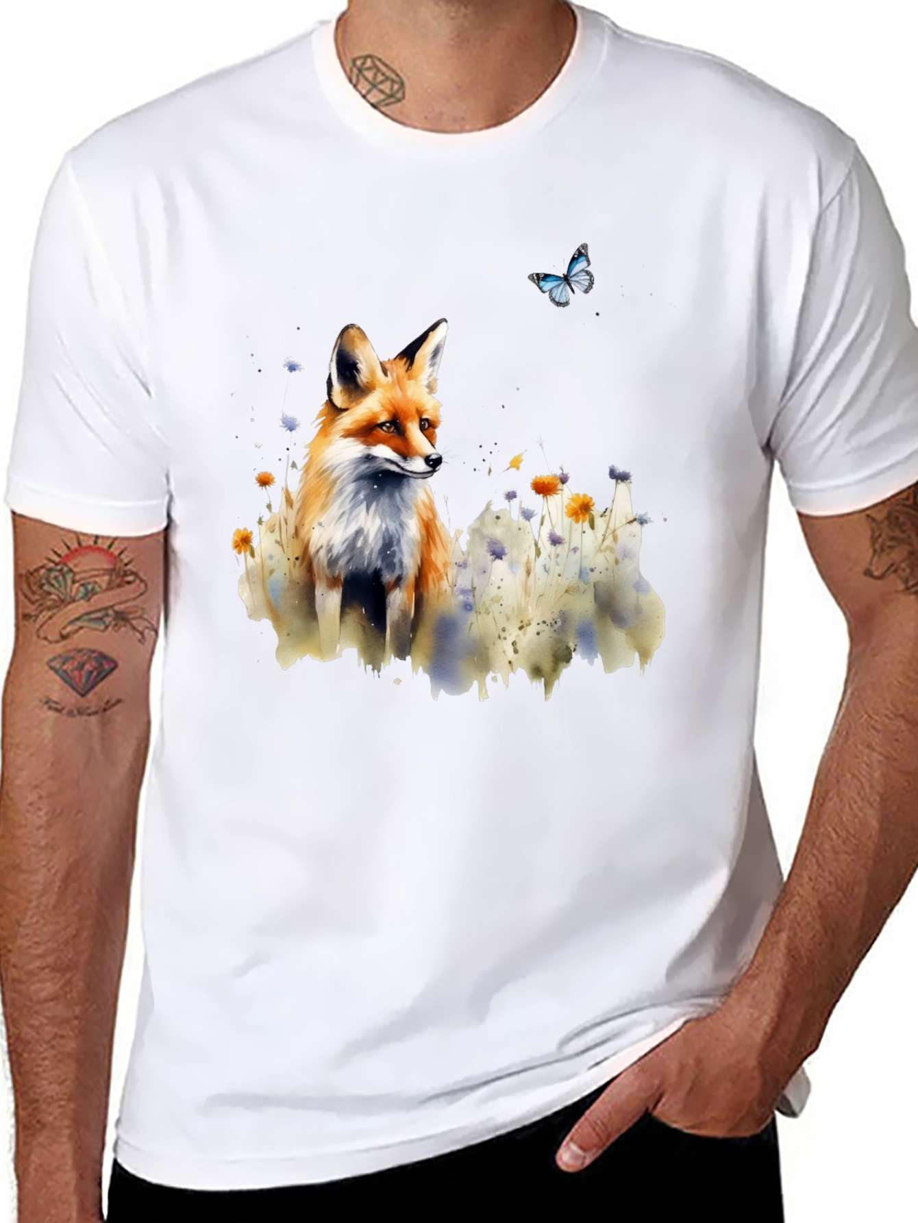 Fox and Butterfly Graphic Print T-Shirt