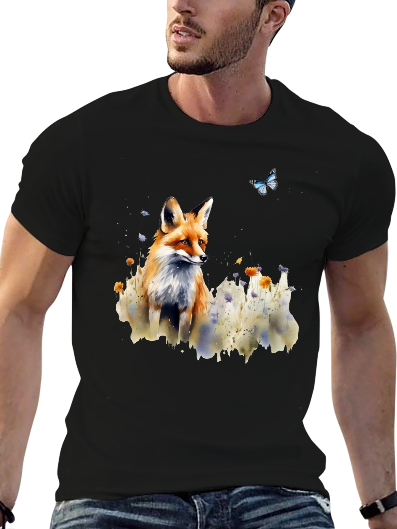 Fox and Butterfly Graphic Print T-Shirt