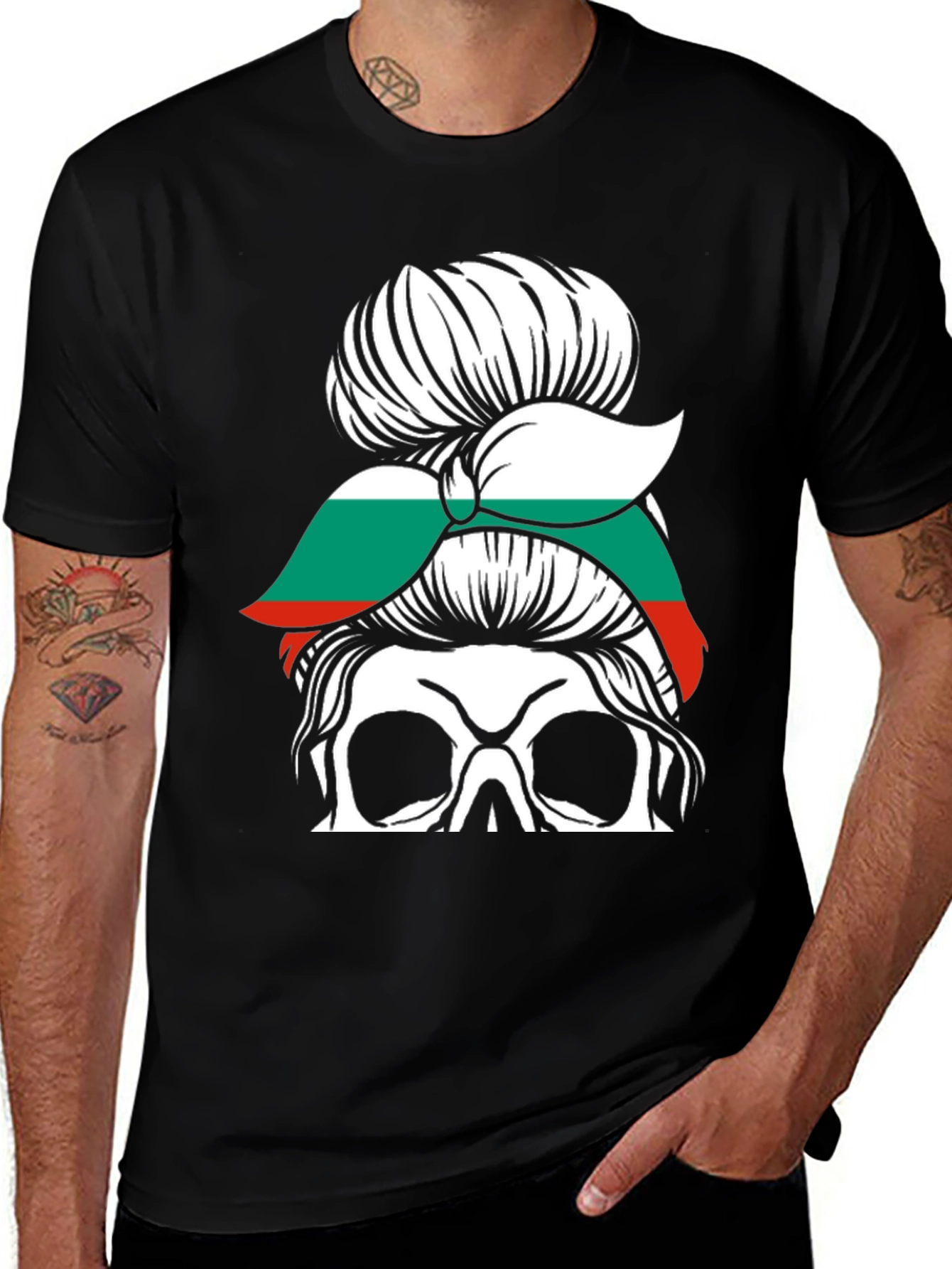Bulgaria Flag Messy Bun Skull T-Shirt