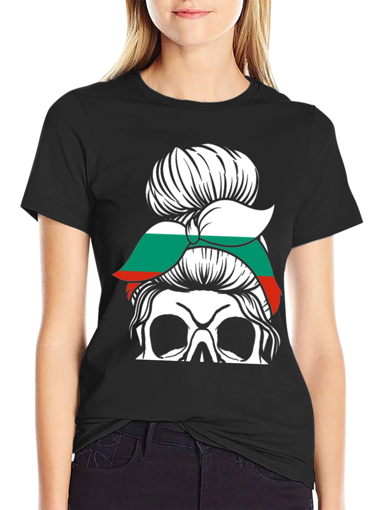 Bulgaria Flag Messy Bun Skull T-Shirt
