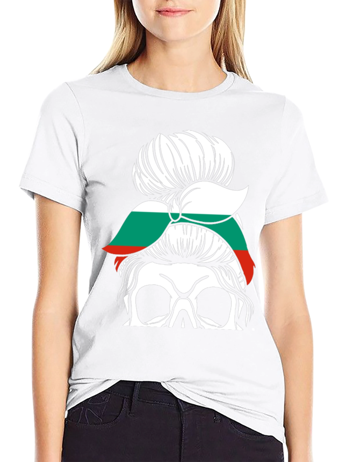 Bulgaria Flag Messy Bun Skull T-Shirt