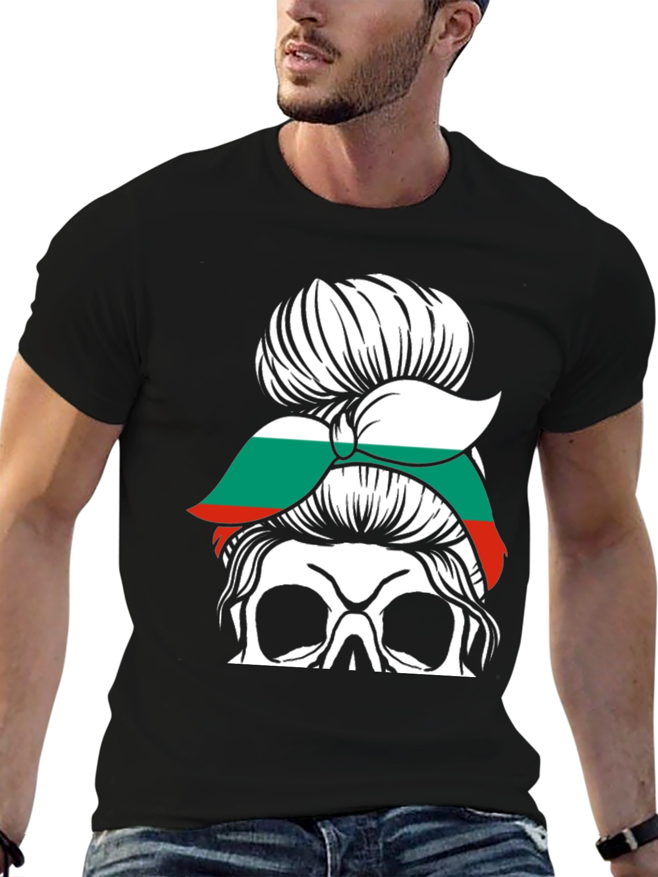 Bulgaria Flag Messy Bun Skull T-Shirt