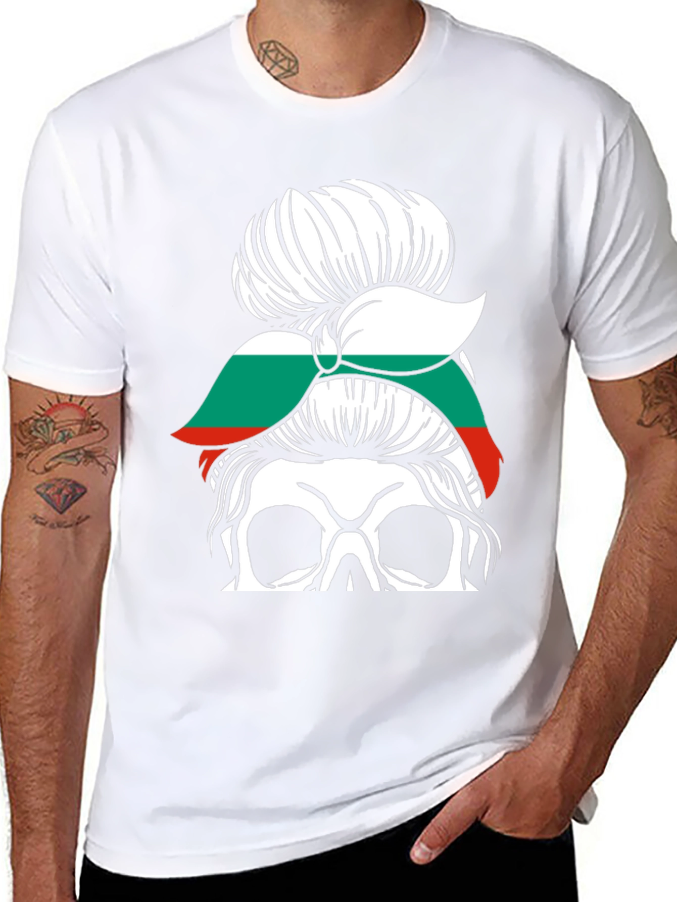Bulgaria Flag Messy Bun Skull T-Shirt