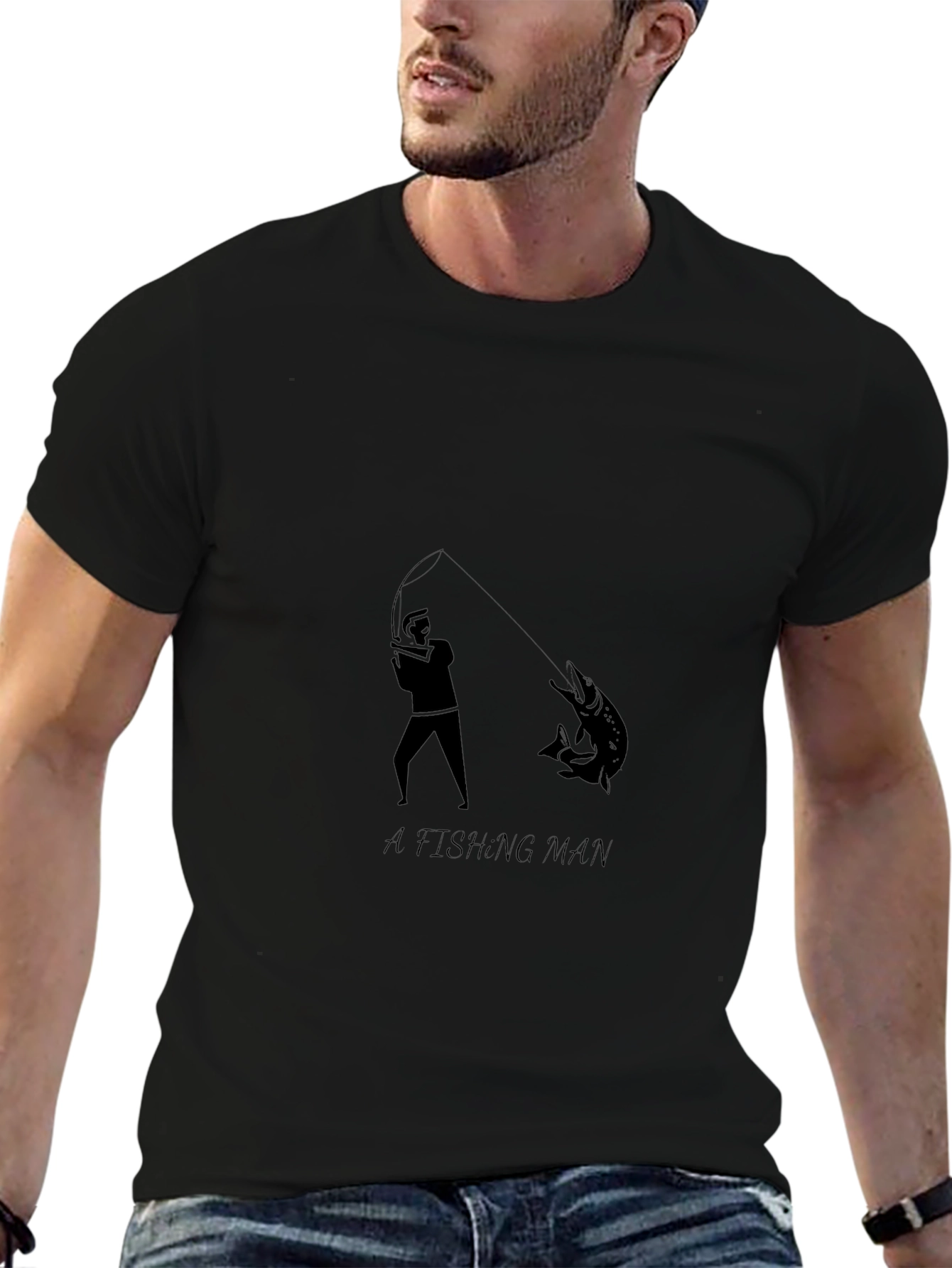 Mens Fishing Man Graphic Print Black T-Shirt