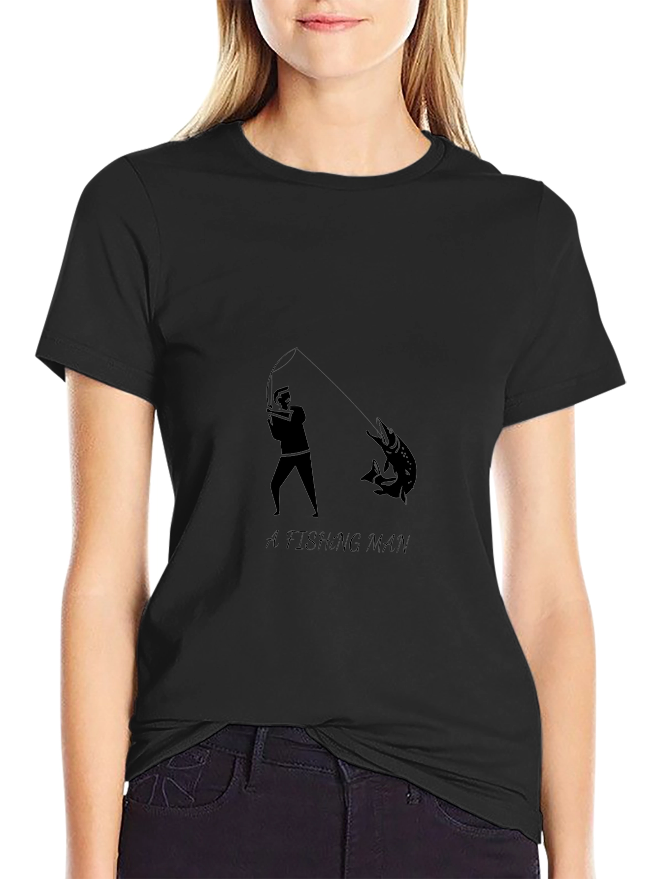 Mens Fishing Man Graphic Print Black T-Shirt