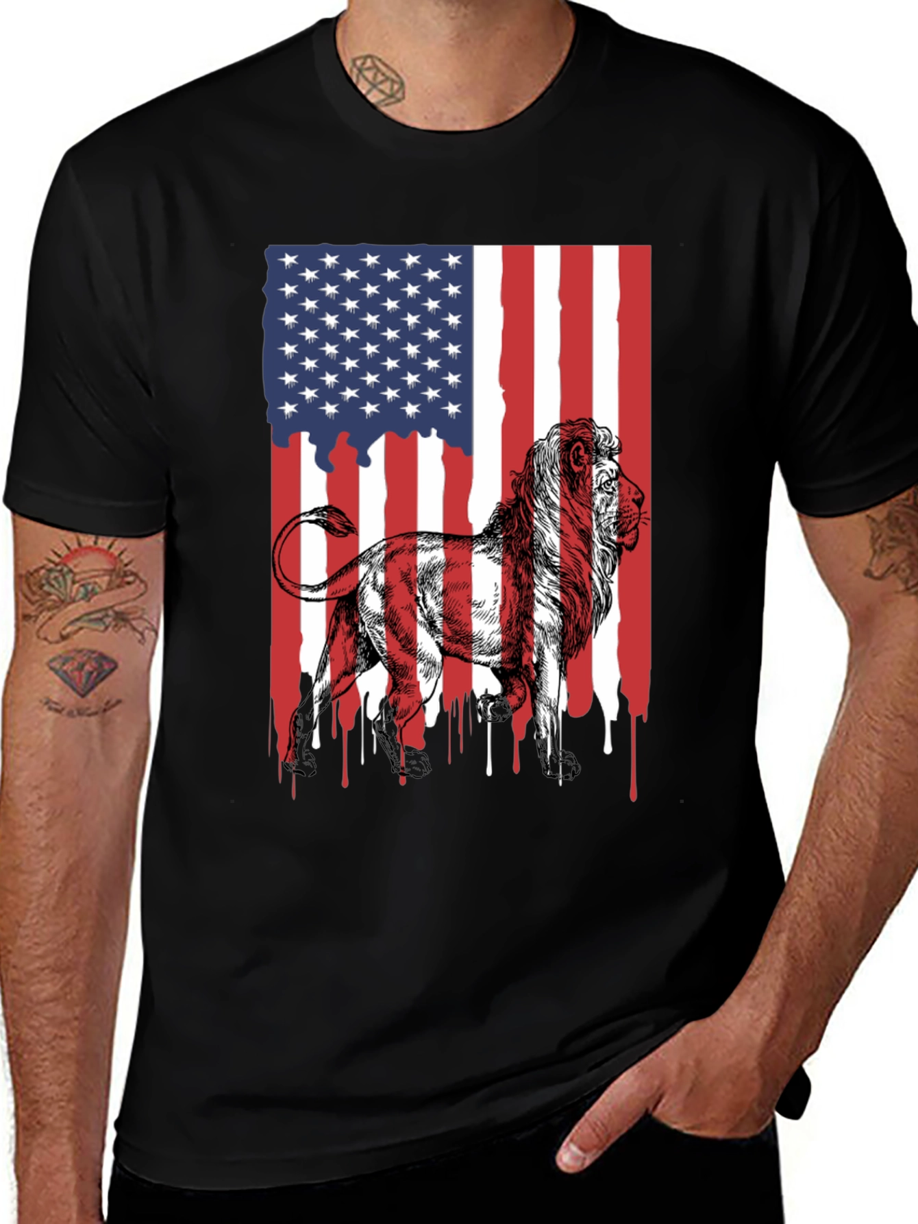 Lion American Flag Graphic Tee - Patriotic Style