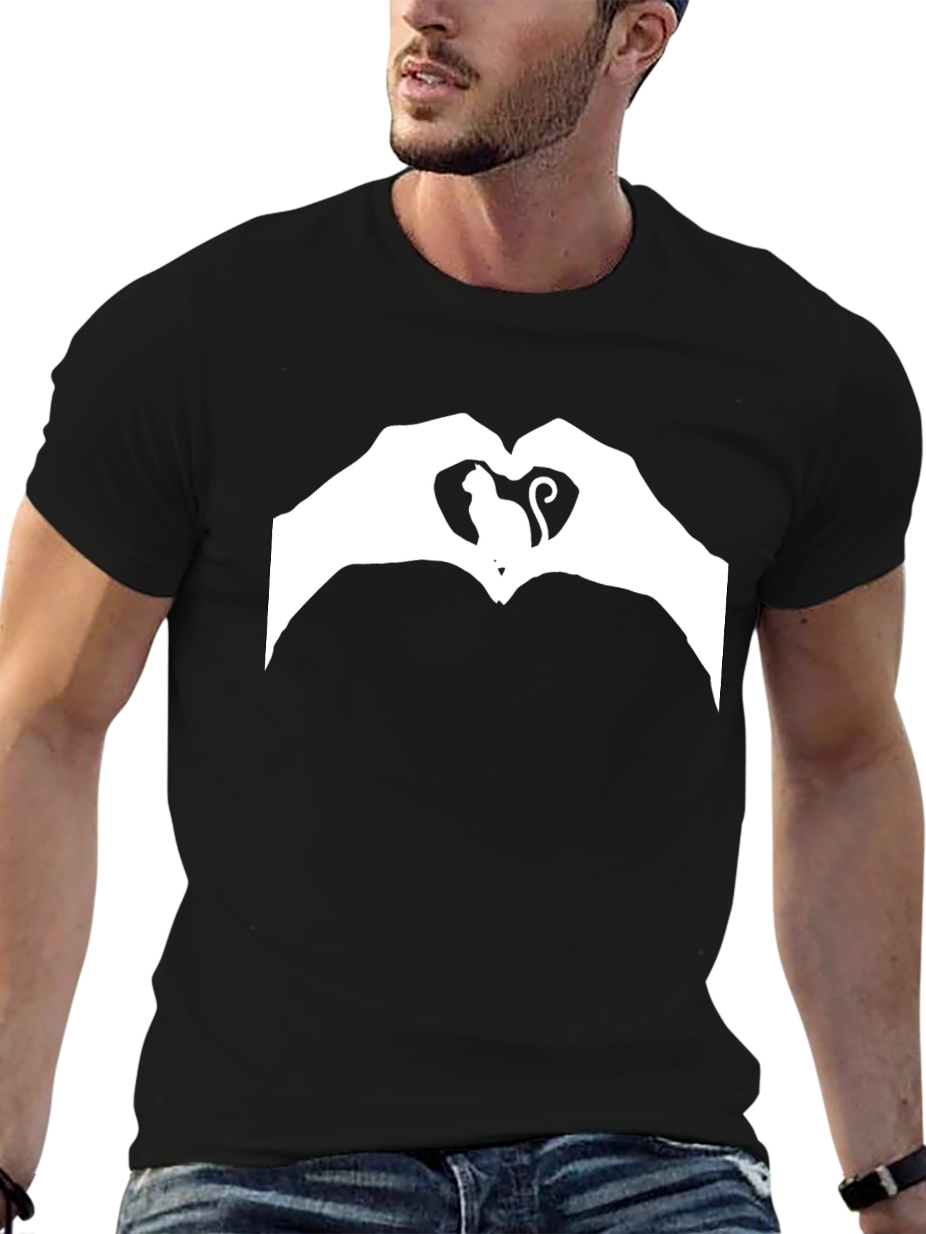Cat Heart Hands Graphic T-Shirt - Black