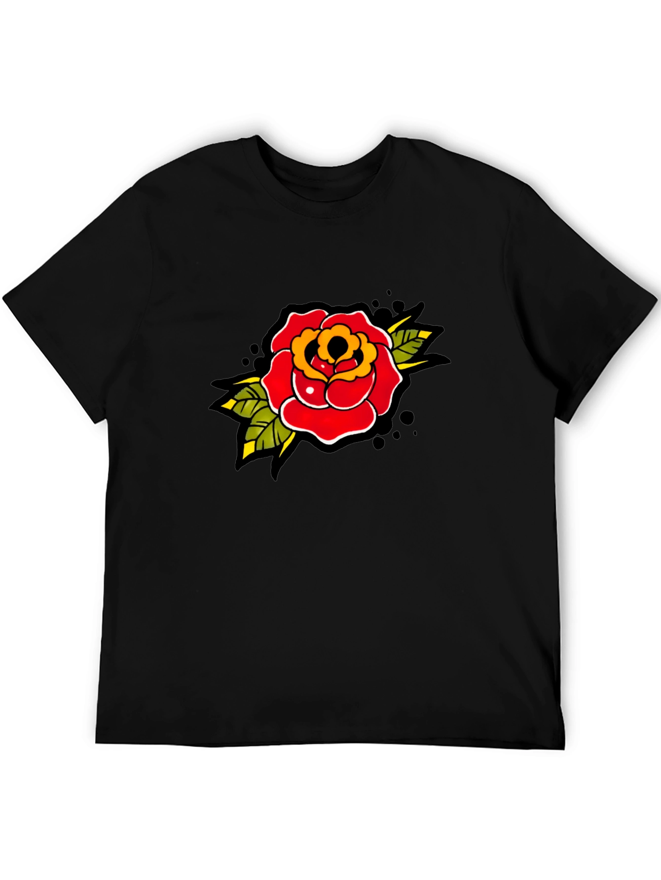 Rose Tattoo Print Black T-Shirt - Classic Style