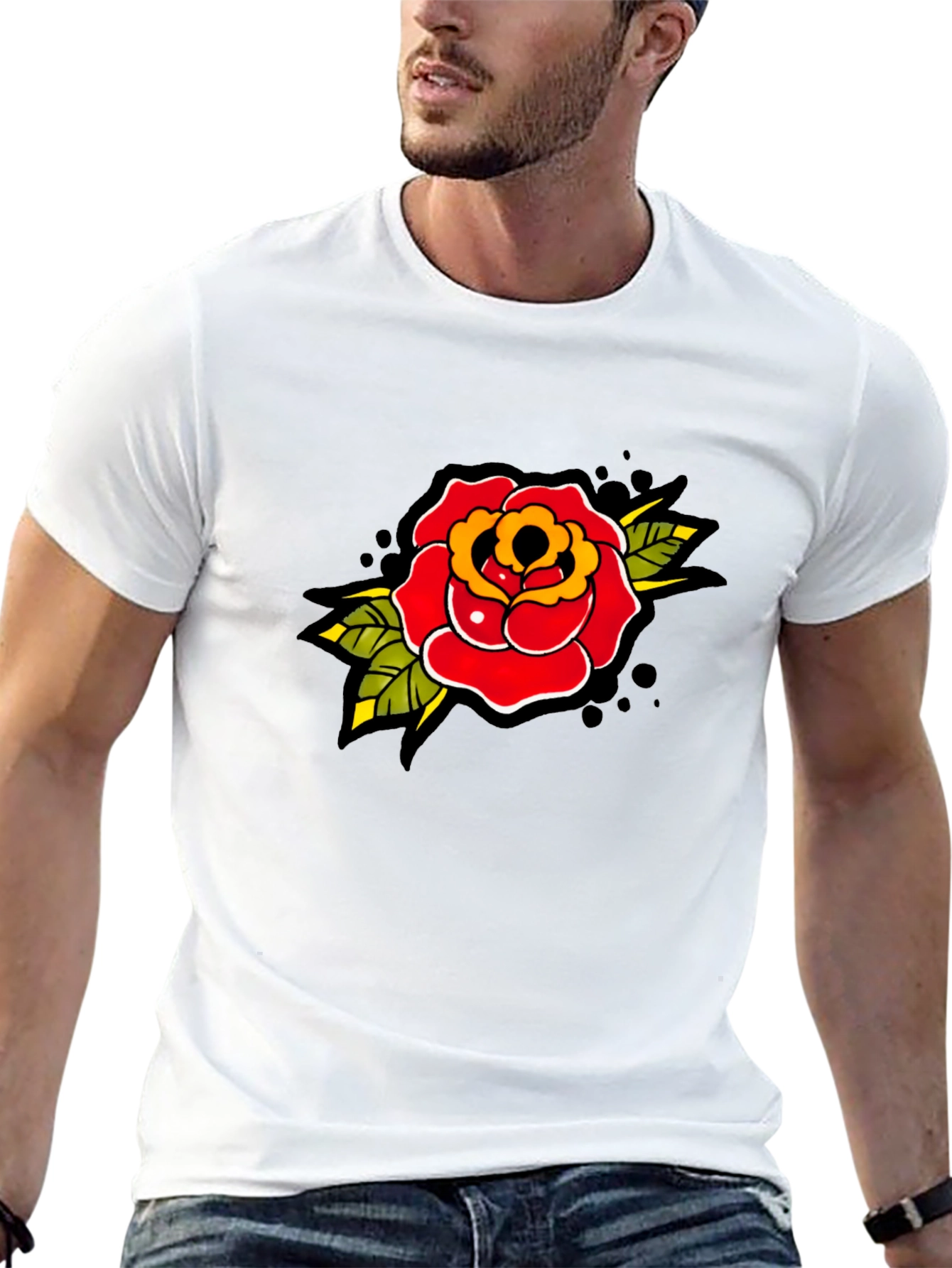 Rose Tattoo Print Black T-Shirt - Classic Style