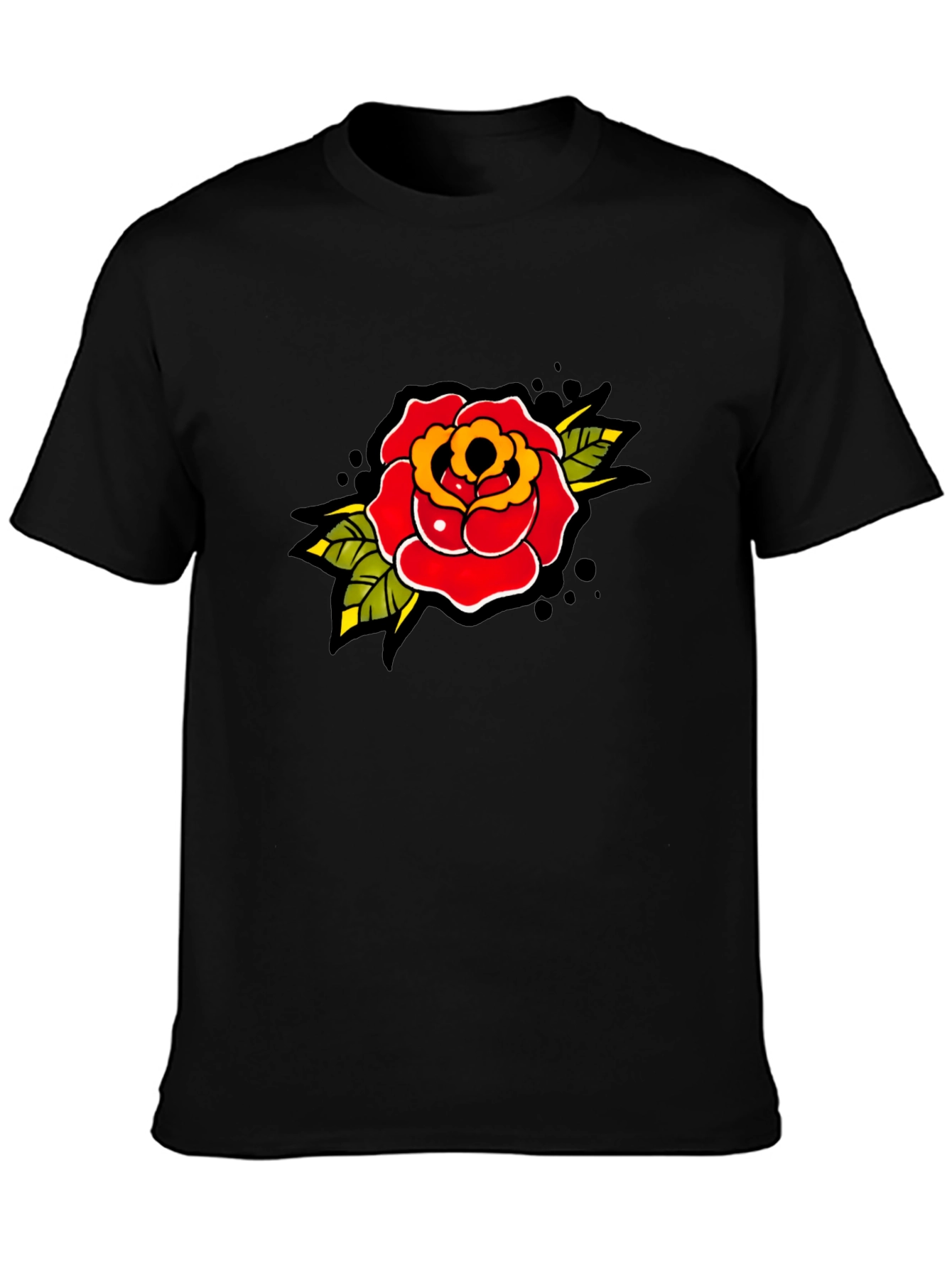 Rose Tattoo Print Black T-Shirt - Classic Style