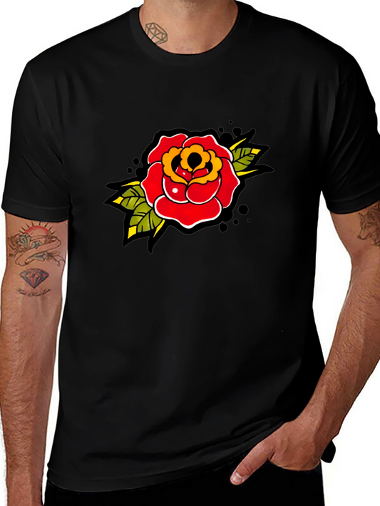 Rose Tattoo Print Black T-Shirt - Classic Style