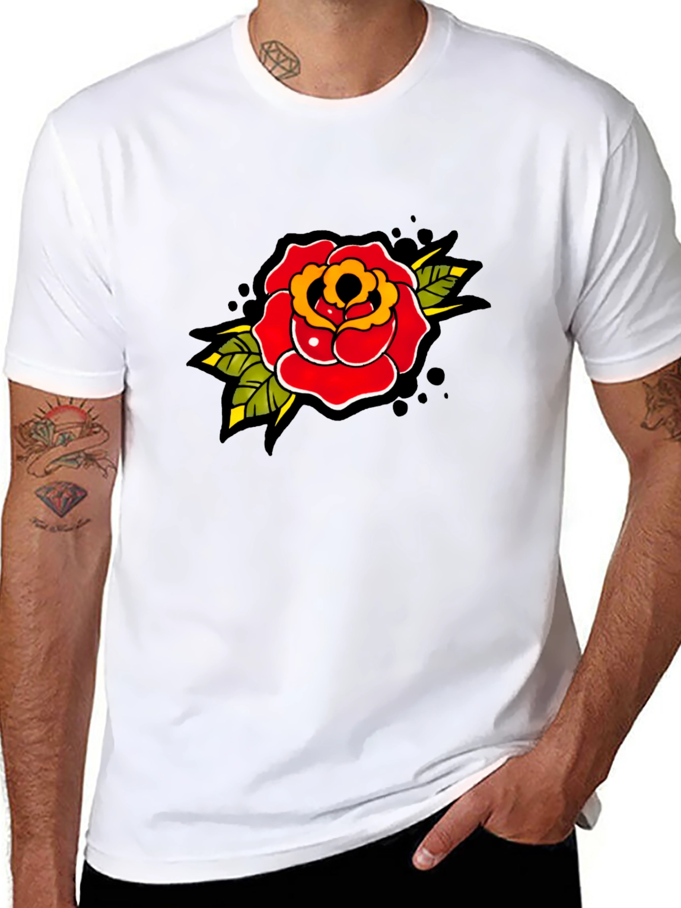 Rose Tattoo Print Black T-Shirt - Classic Style