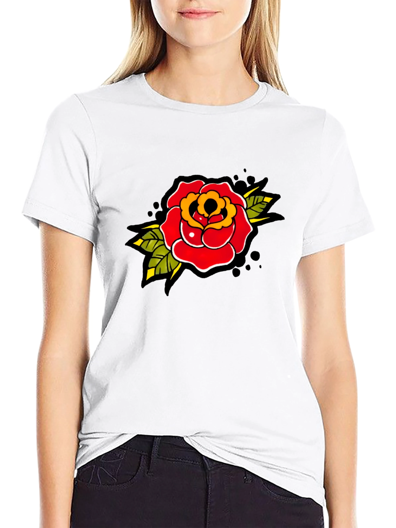 Rose Tattoo Print Black T-Shirt - Classic Style