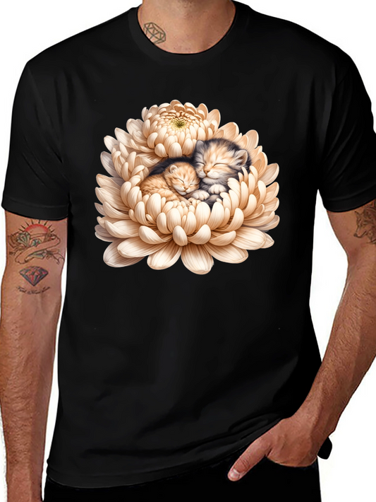 Kitten Chrysanthemum Black T-Shirt