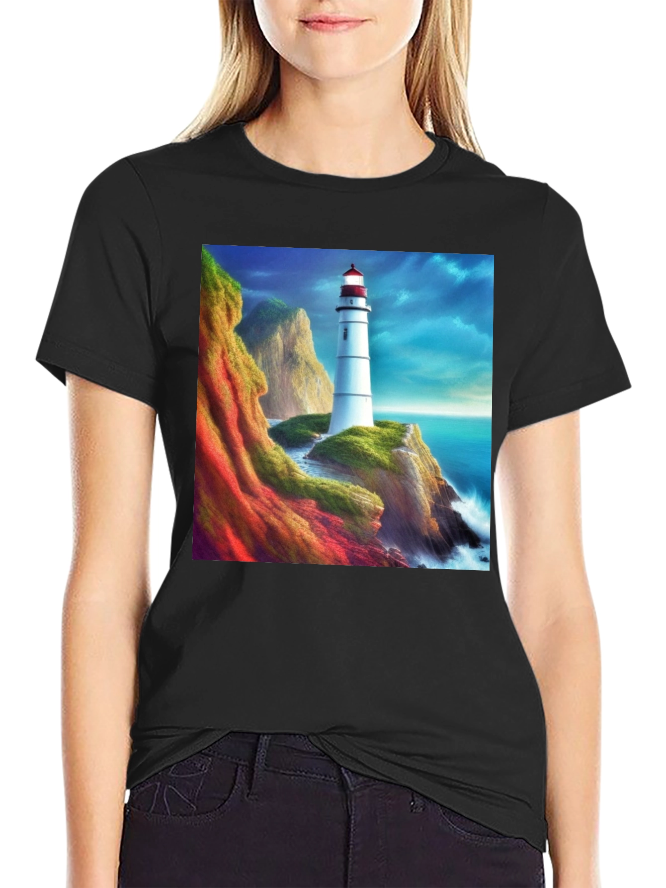 Lighthouse Scene Graphic Tee - Coastal Design T-Shirt