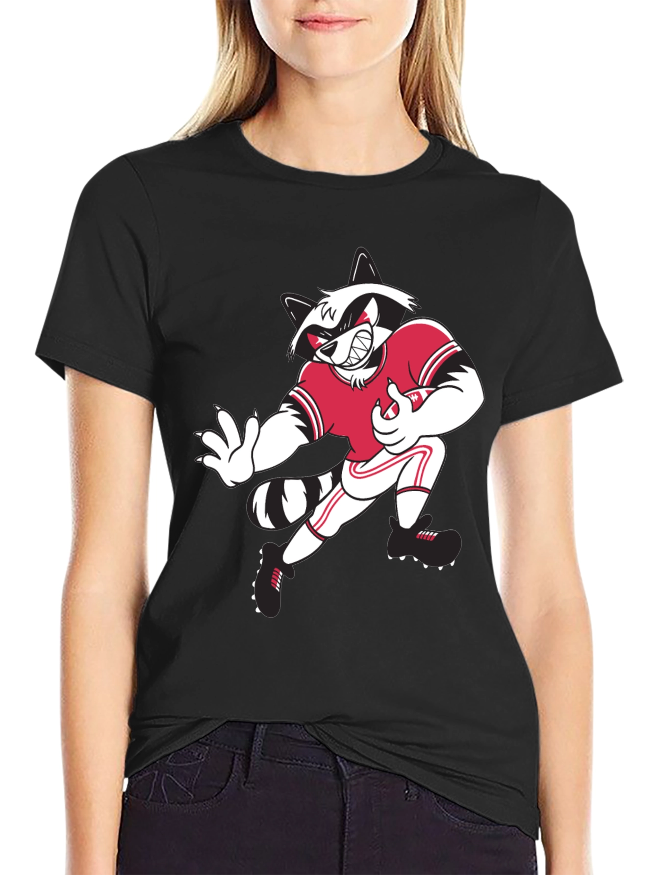 Cartoon Raccoon Football Player Graphic T-Shirt