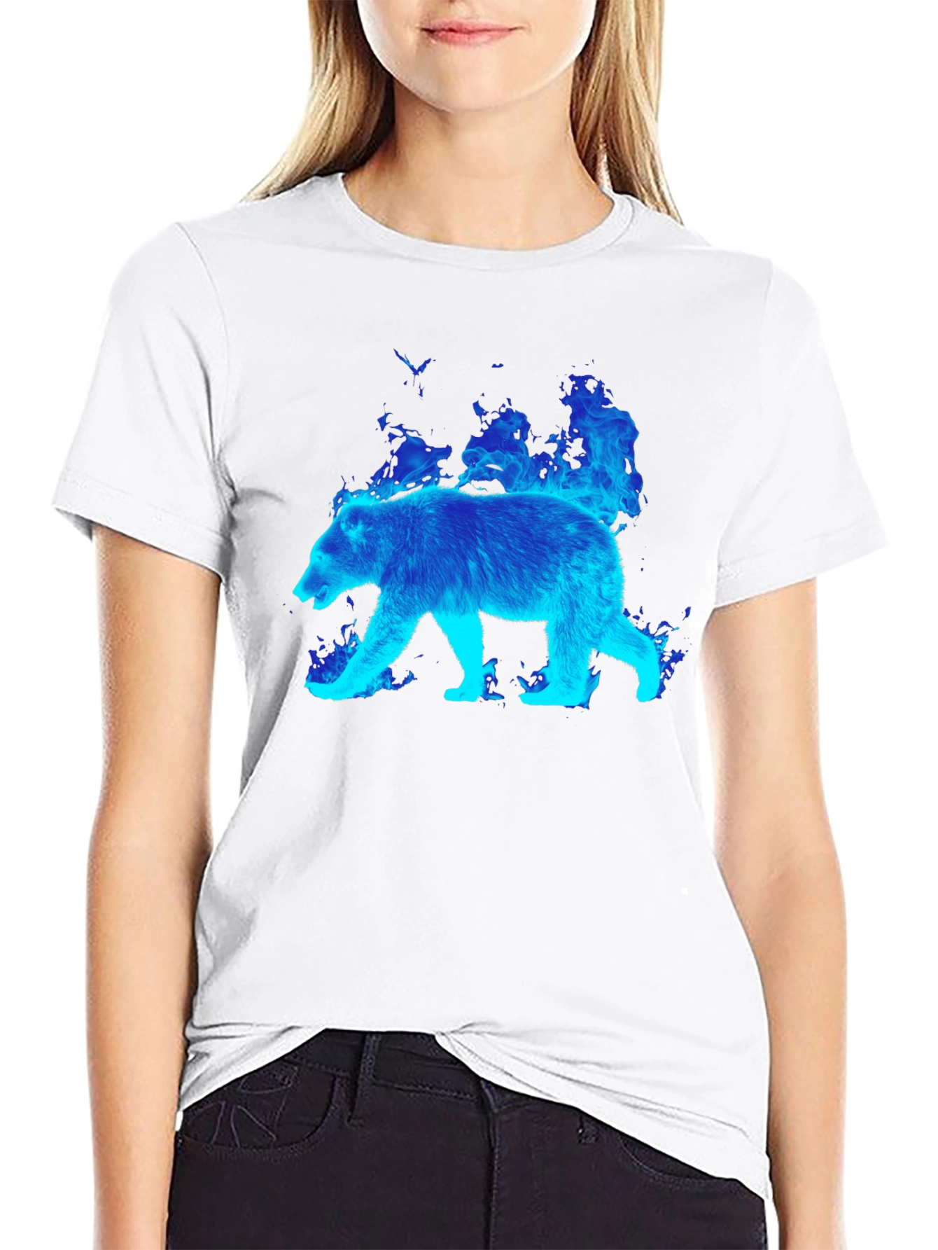 Flaming Blue Bear Graphic Tee - Black Cotton T-Shirt