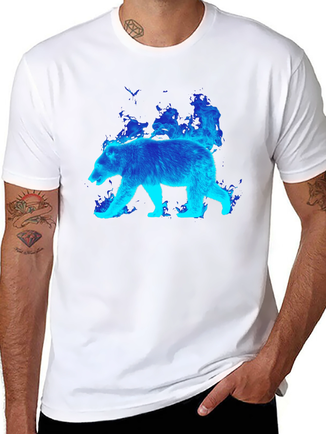 Flaming Blue Bear Graphic Tee - Black Cotton T-Shirt