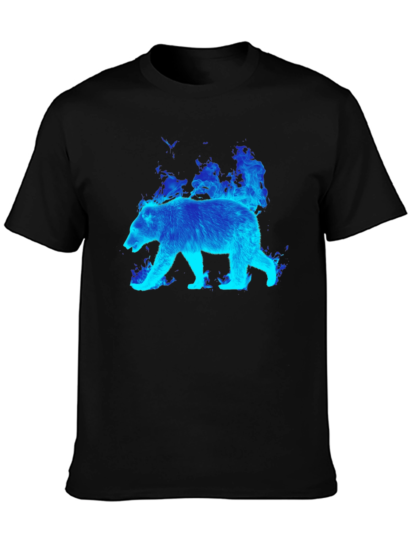 Flaming Blue Bear Graphic Tee - Black Cotton T-Shirt