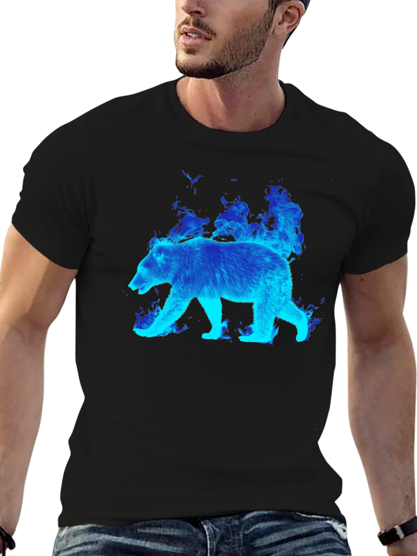Flaming Blue Bear Graphic Tee - Black Cotton T-Shirt