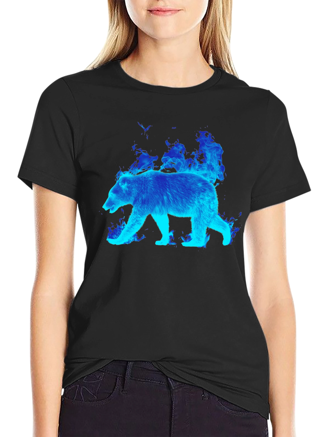 Flaming Blue Bear Graphic Tee - Black Cotton T-Shirt