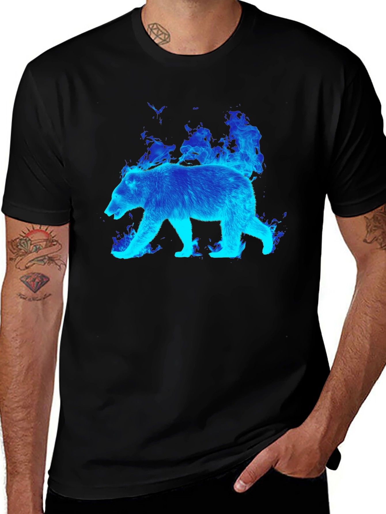 Flaming Blue Bear Graphic Tee - Black Cotton T-Shirt
