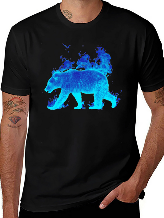 Flaming Blue Bear Graphic Tee - Black Cotton T-Shirt
