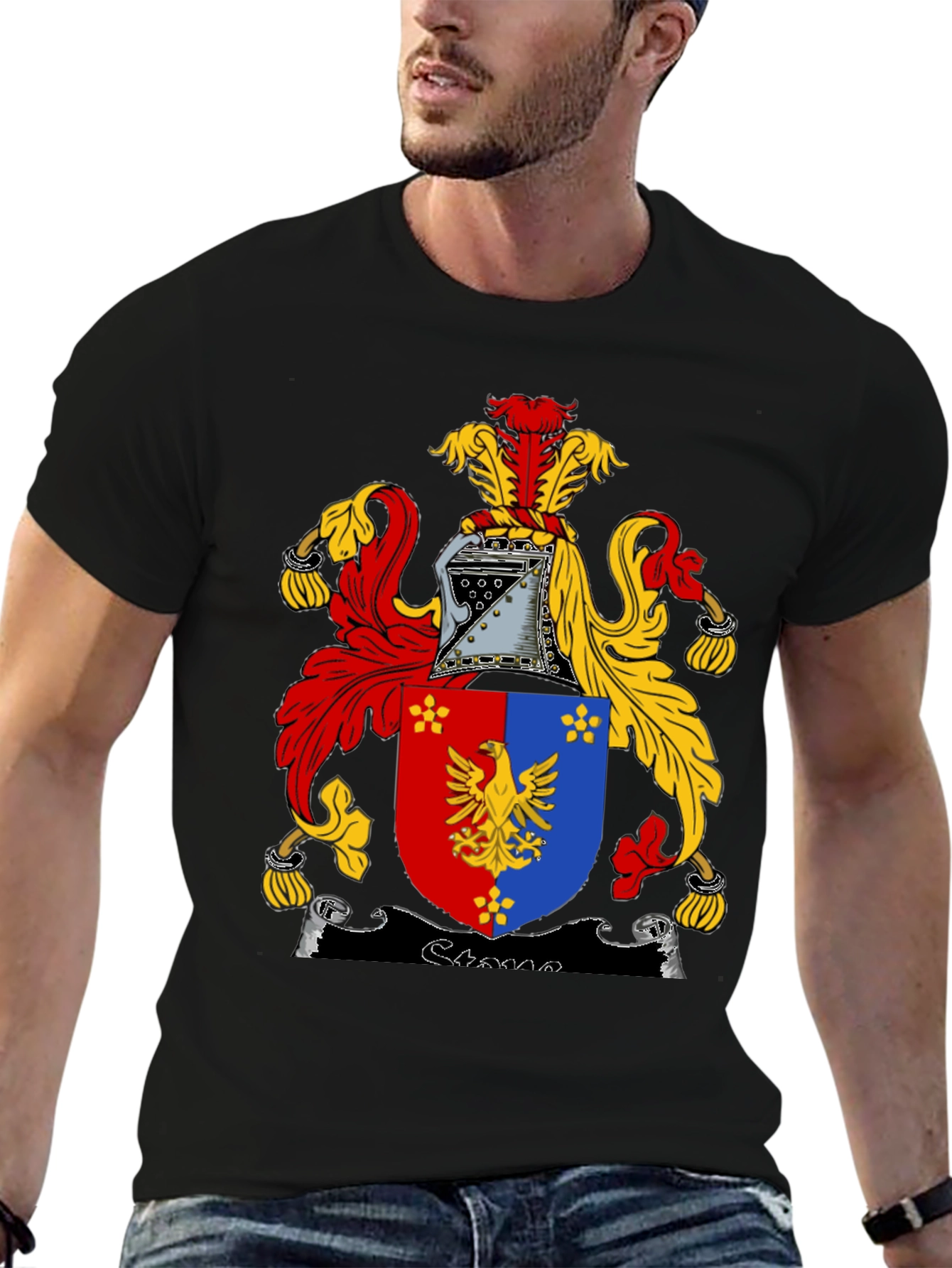 Black T-Shirt with Medieval Coat of Arms Graphic