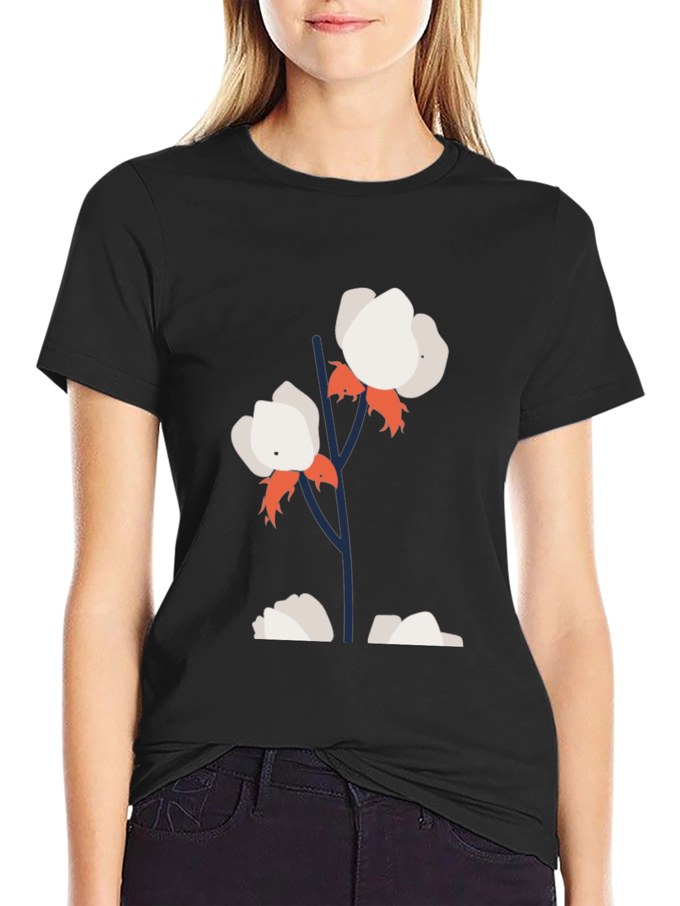 Cotton Flower Graphic Tee - Stylish Black T-Shirt