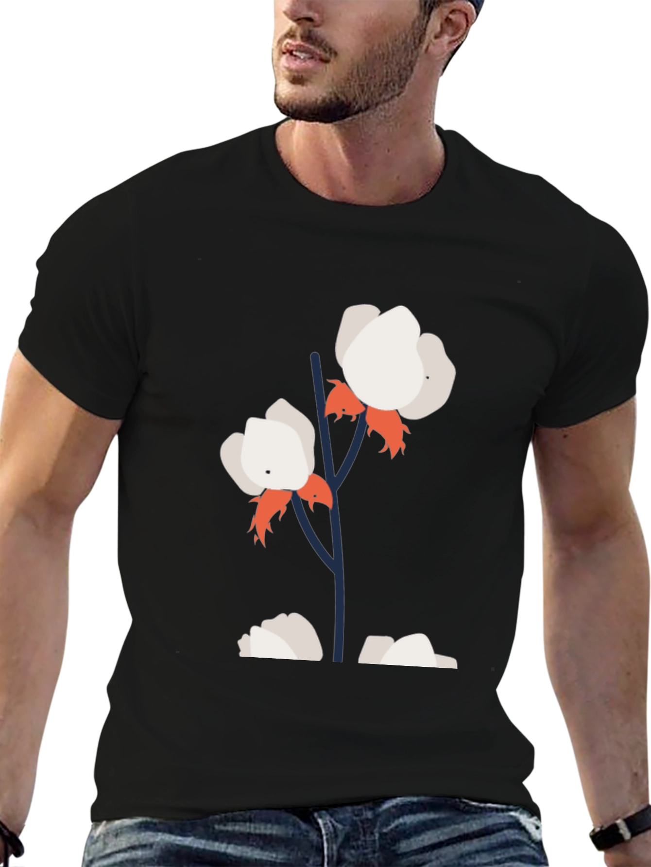 Cotton Flower Graphic Tee - Stylish Black T-Shirt