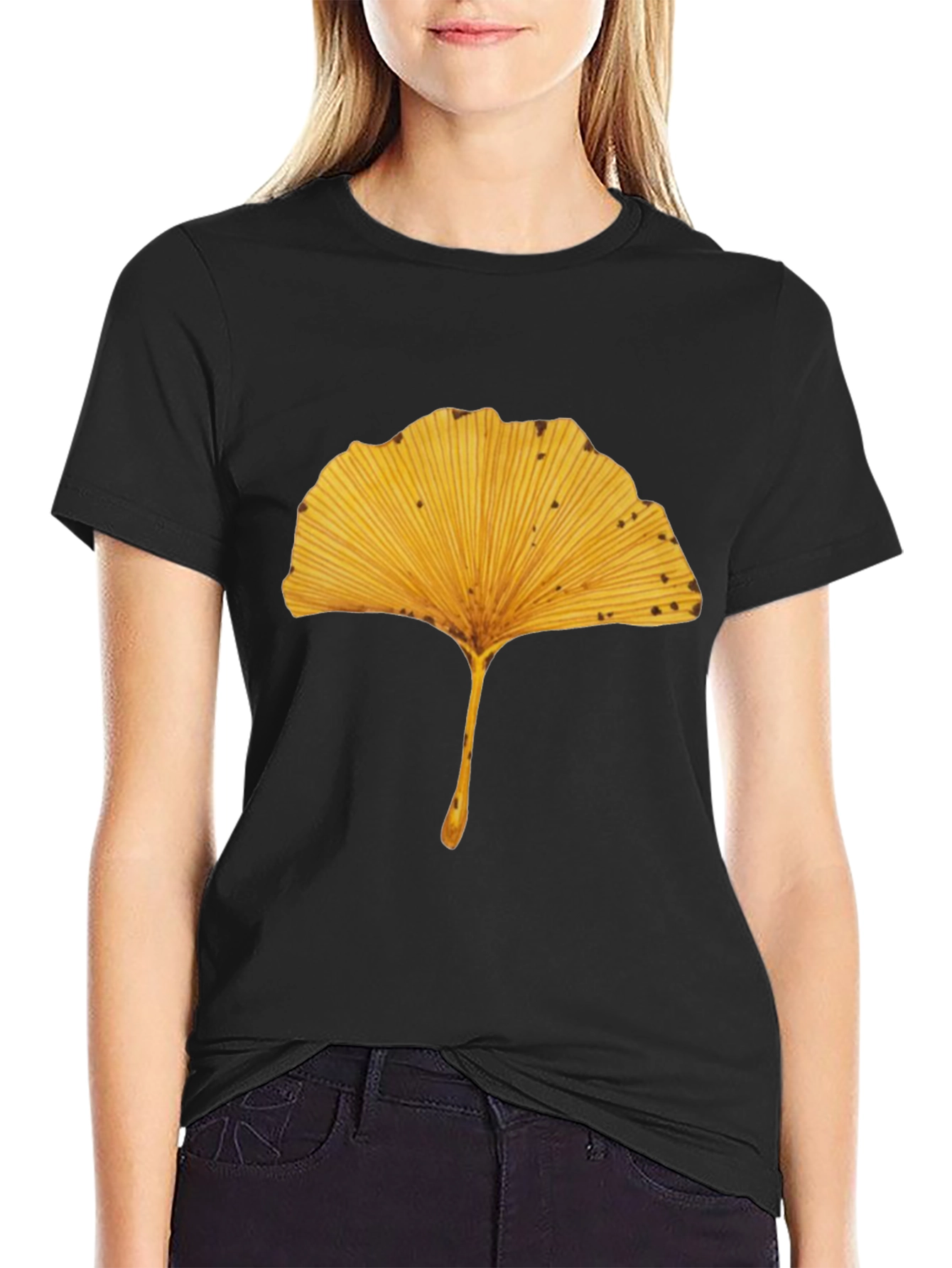 Ginkgo Leaf Print Black T-Shirt