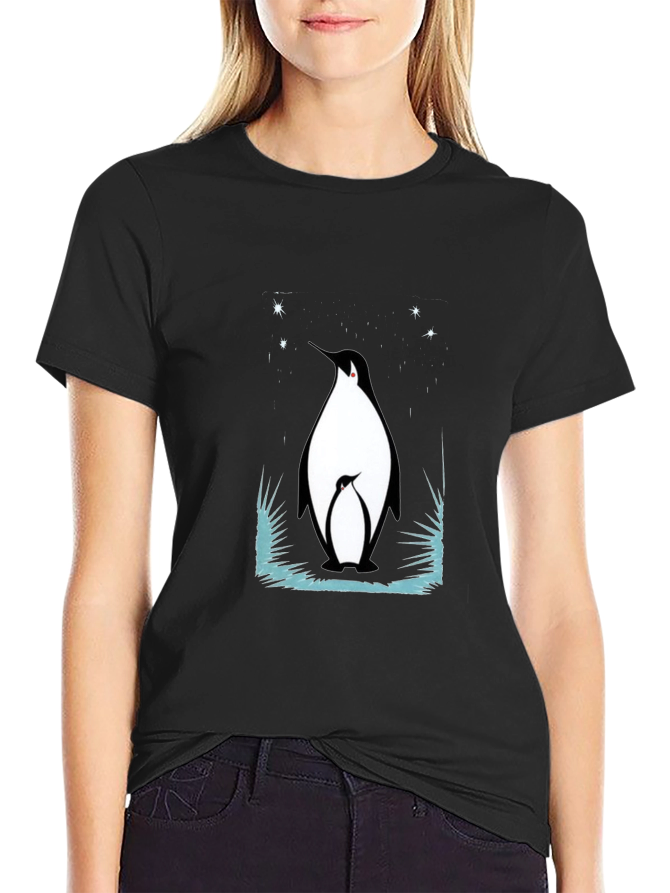 Penguin Family Graphic Tee - Black Cotton Blend T-Shirt
