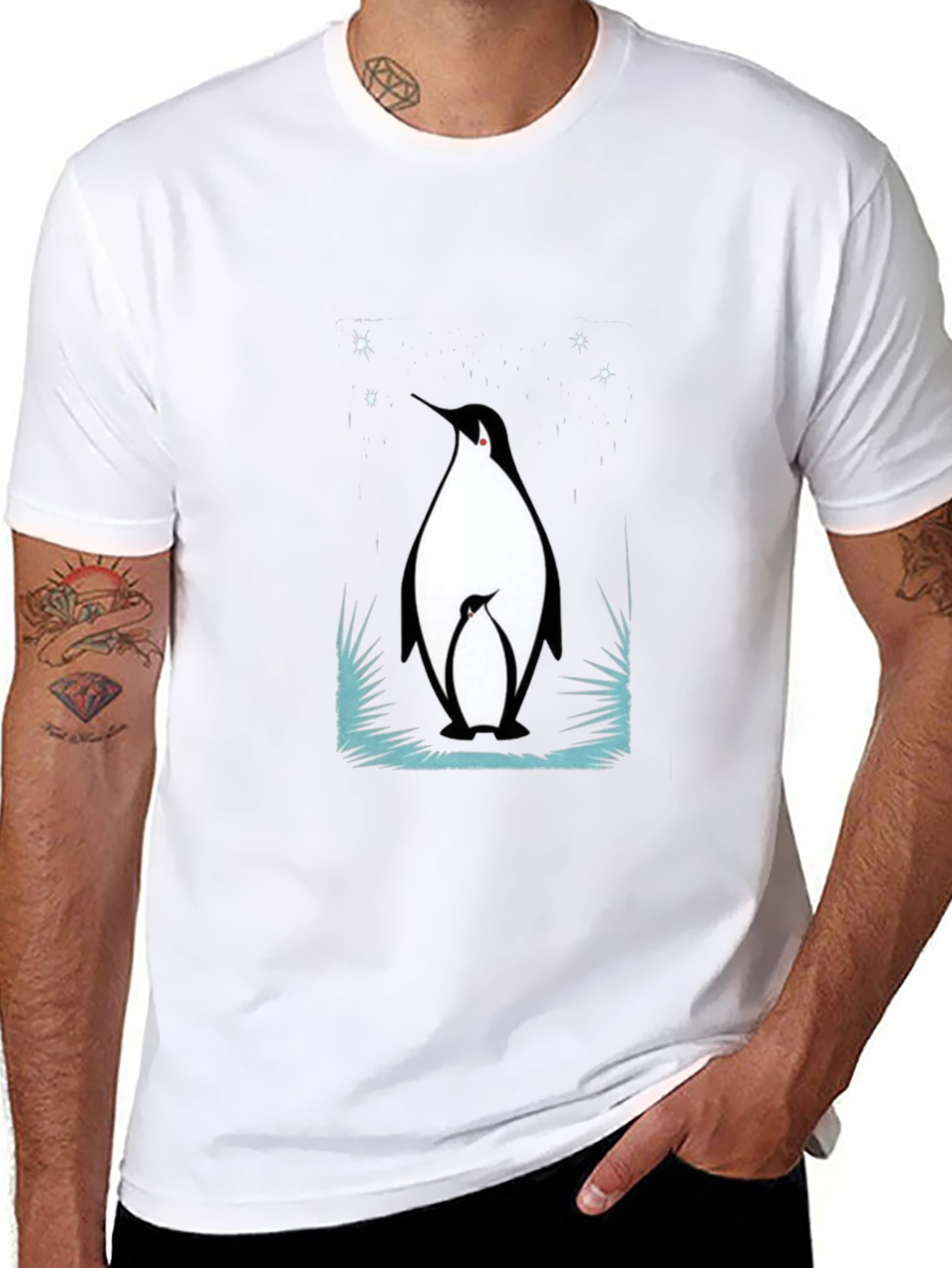 Penguin Family Graphic Tee - Black Cotton Blend T-Shirt